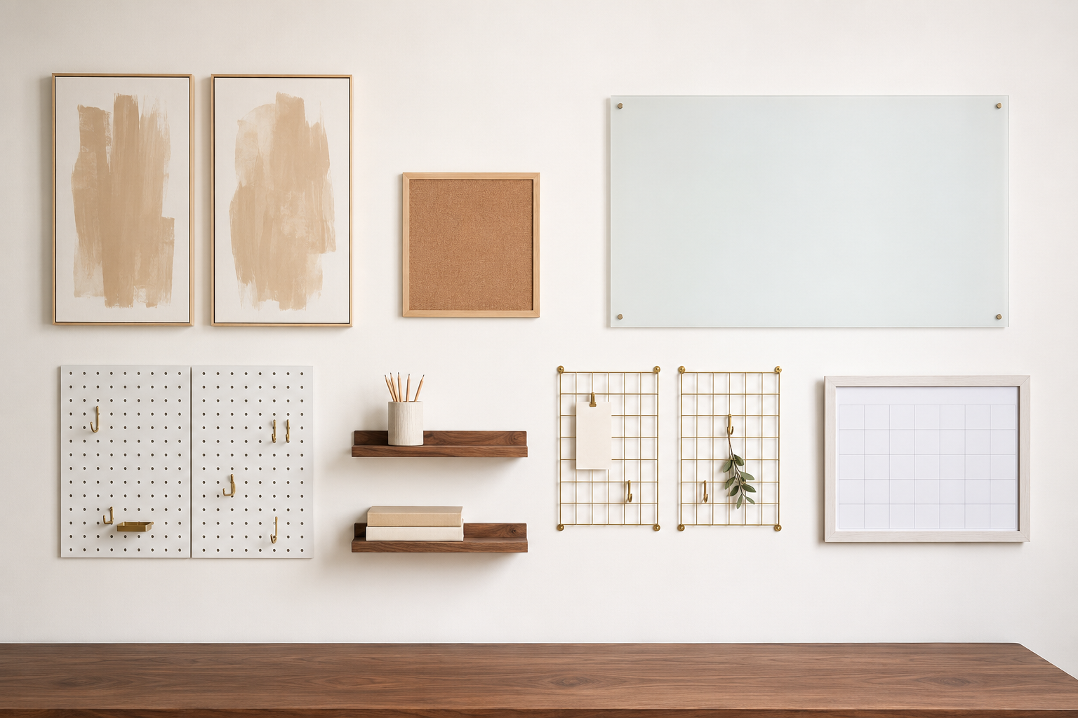 Office wall moodboard with framed art, cork board, glass whiteboard, pegboards, walnut shelves, wire grids and wall calendar.