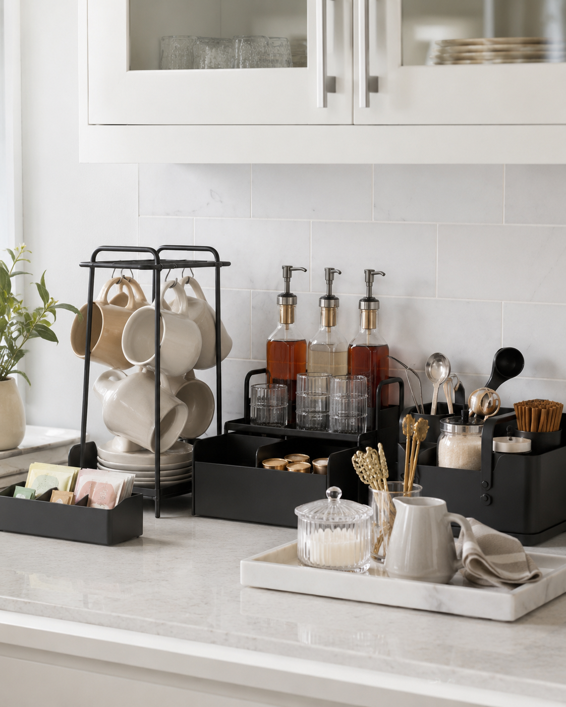 Host-ready beverage bar with mug rack, tea organizer, syrup bottles, coffee accessories, and neutral kitchen styling