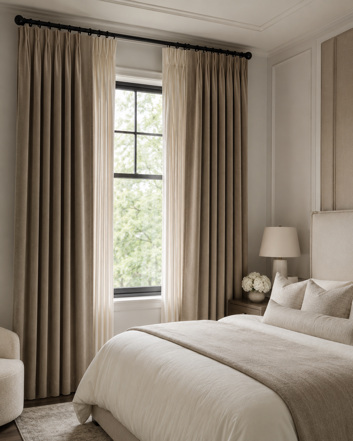 Luxury bedroom with taupe drapes, cream inner panels, black curtain rod, and premium neutral bedding.