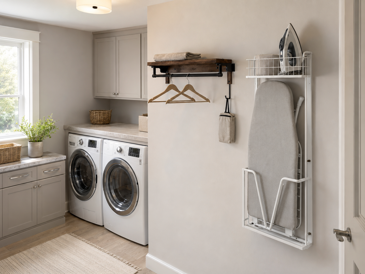 Vertical ironing-board holder with an upper iron basket beside a rustic wood shelf and black hanging rail in a laundry room.