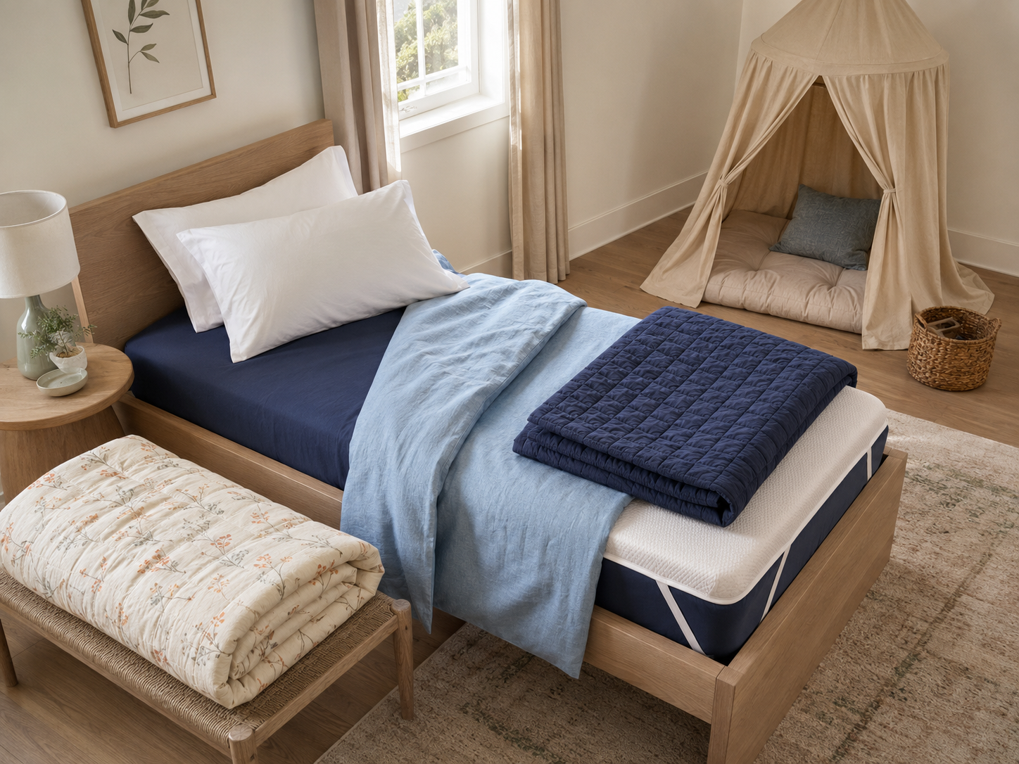 Kids bedding display with a mattress protector, navy sheet, blue duvet, quilt, pillows and a separate canopy nook.