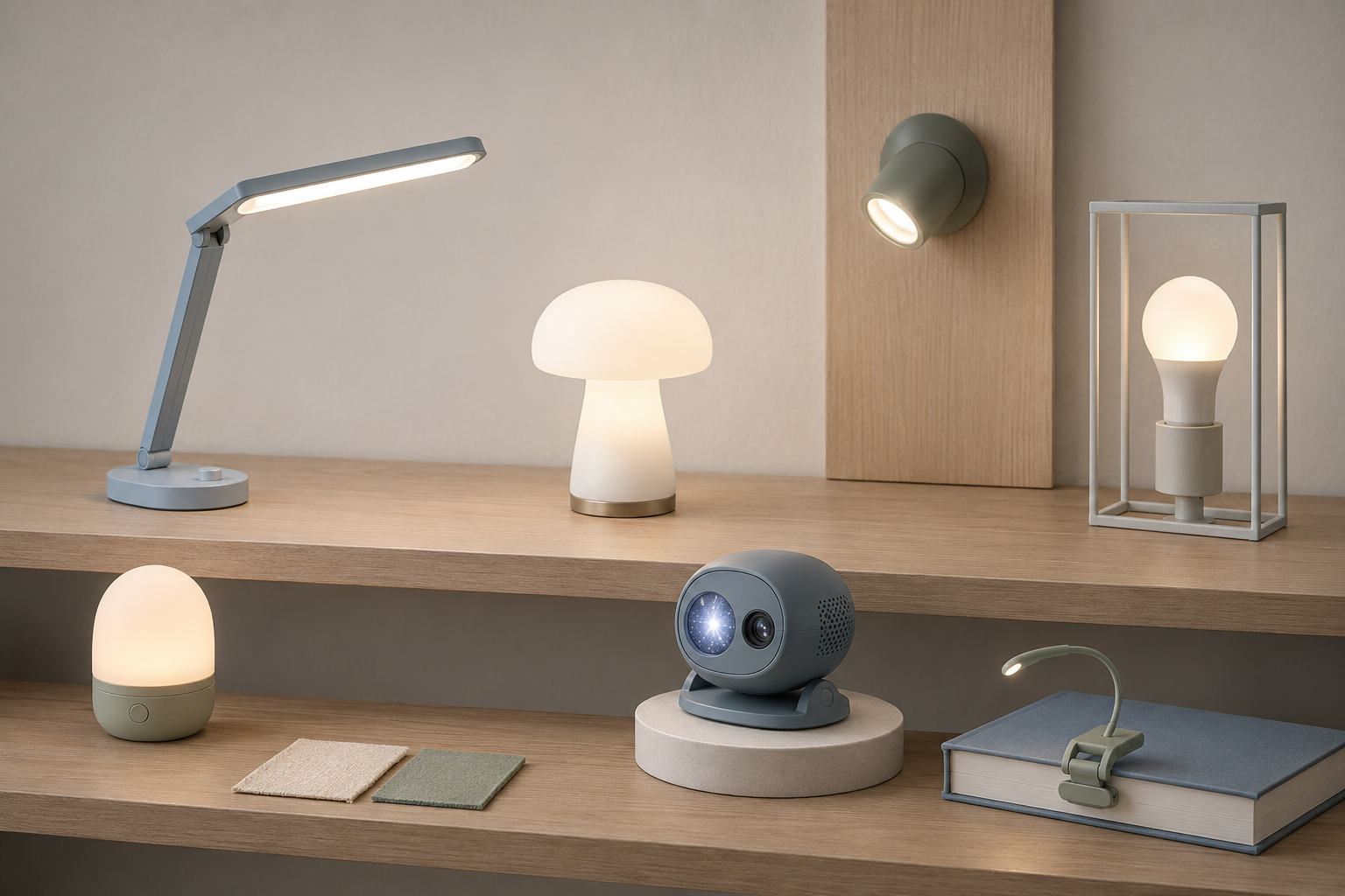 Kids lighting moodboard with night light, desk lamp, mushroom lamp, sconce, smart bulb, projector and clip light.