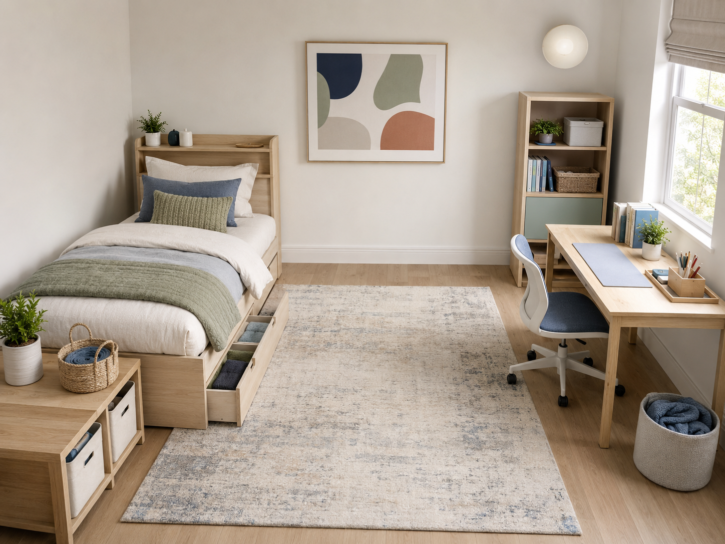 Kids room zone plan with dedicated areas for sleeping, playing, learning and resetting