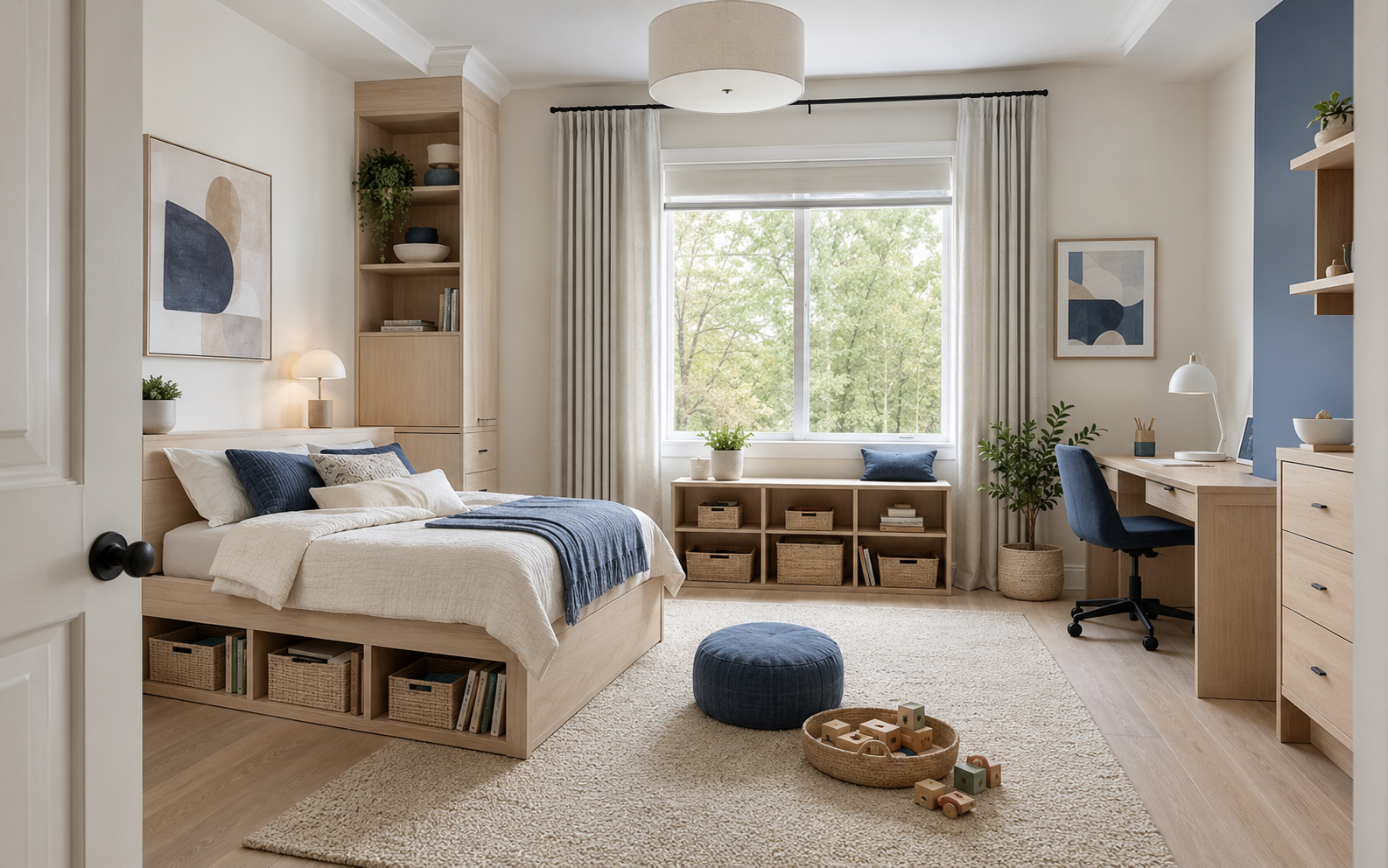 Gender-neutral kids room decor ideas with a pale oak bed, study area, storage and open play space