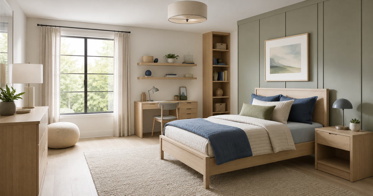 Practical kids room with sleep, play, study, lighting and accessible storage zones