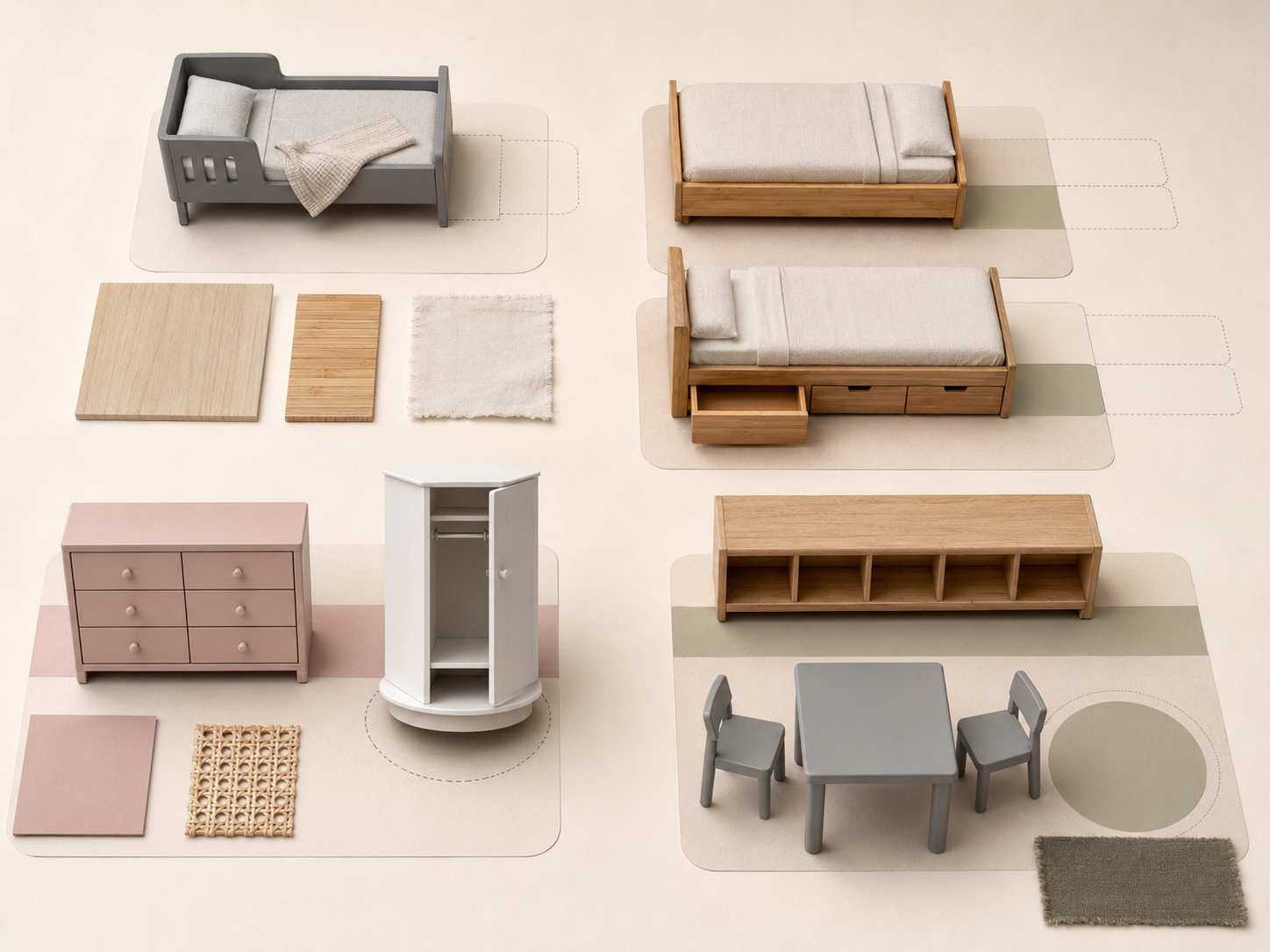 Overhead kids furniture moodboard with beds, dresser, wardrobe, bookcase, table, chairs and material samples
