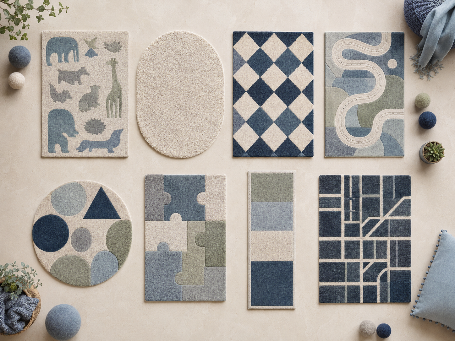 Kids rug moodboard comparing round, rectangular, oval, patterned, play-map and low-pile rug styles.