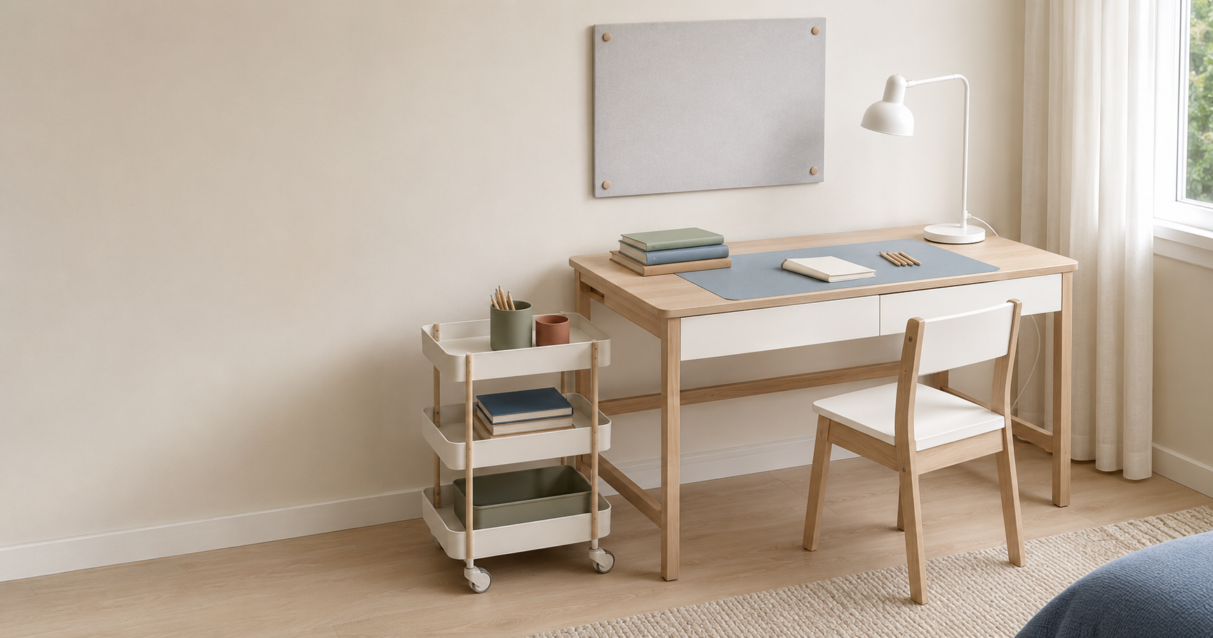 Kids study corner with a pale wood desk, white chair, task lamp, rolling cart and wall board