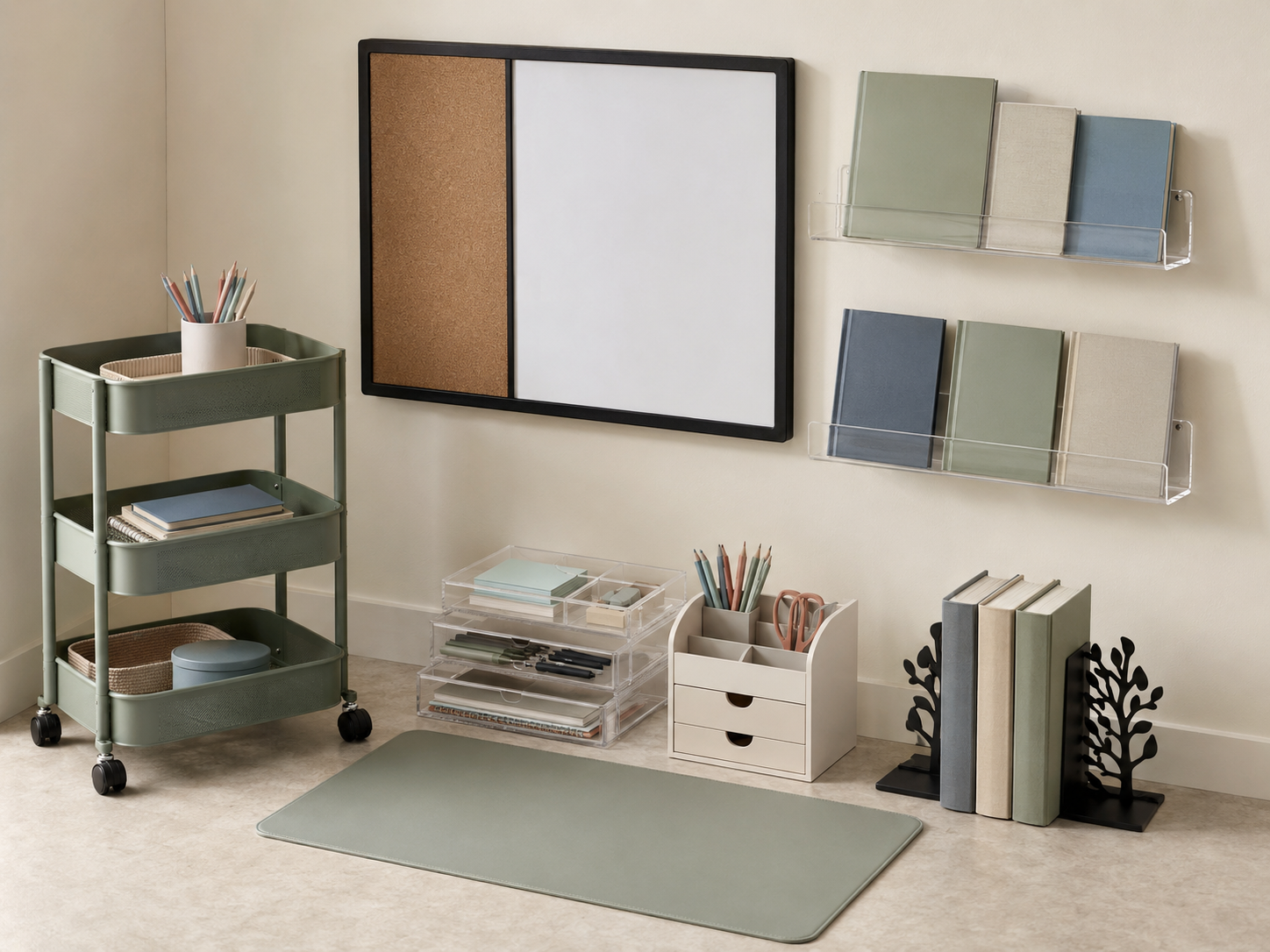 Study-corner organization moodboard with rolling cart, wall board, clear shelves, drawer trays and desk accessories