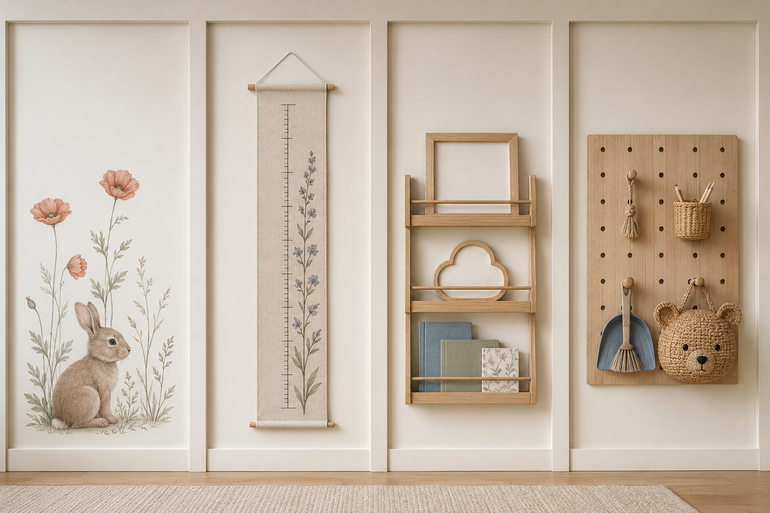 Kids wall decor moodboard with wall decals, growth chart, picture shelves and wooden pegboard