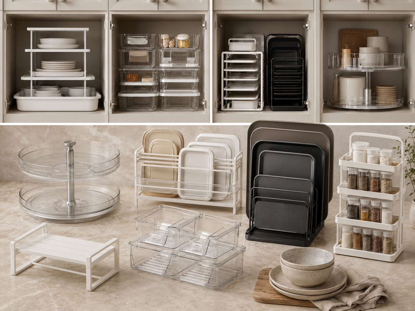 Kitchen cabinet organization moodboard with shelf risers, lazy Susan, bakeware rack, lid organizer, spice rack, and clear bins.