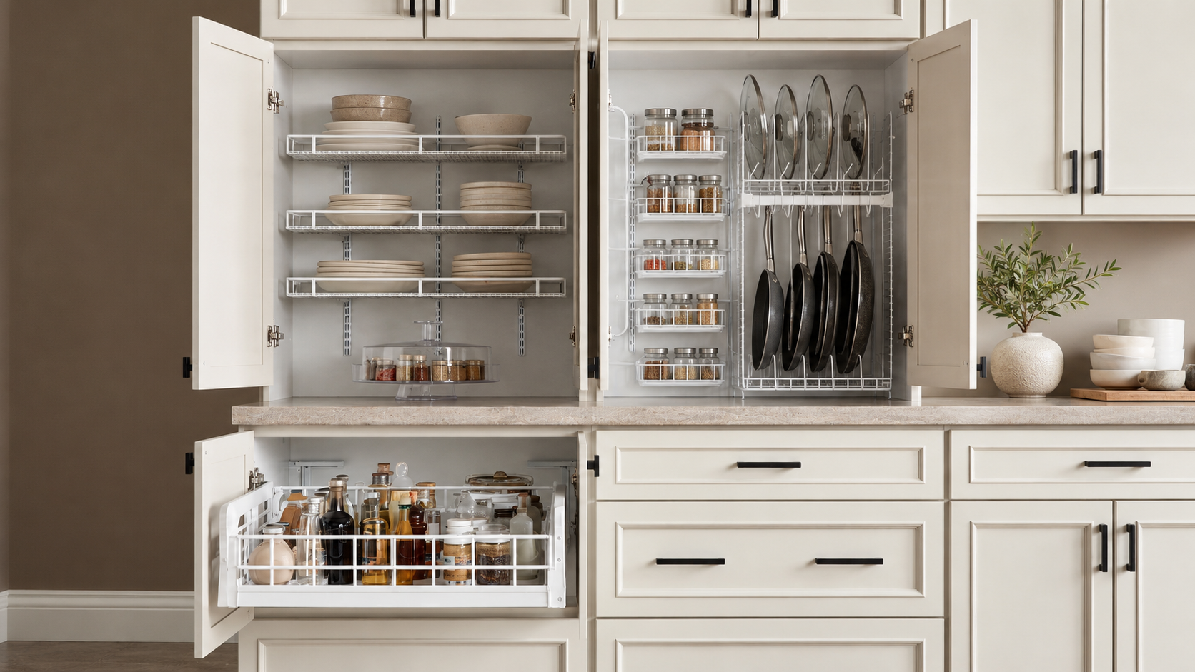 Open kitchen cabinets with pull-out organizer, shelf risers, lazy Susan turntable, and cookware rack for cabinet organization.