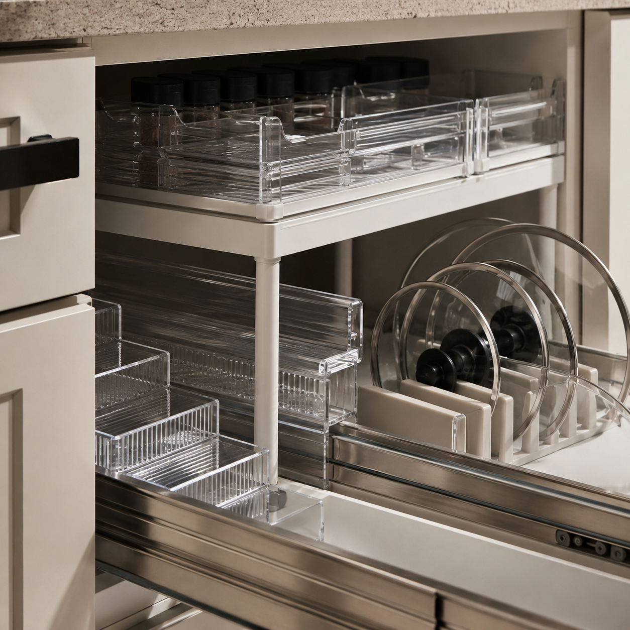 Close-up details of kitchen cabinet organizers including pull-out rails, shelf risers, clear bins, spice racks, and lid dividers.