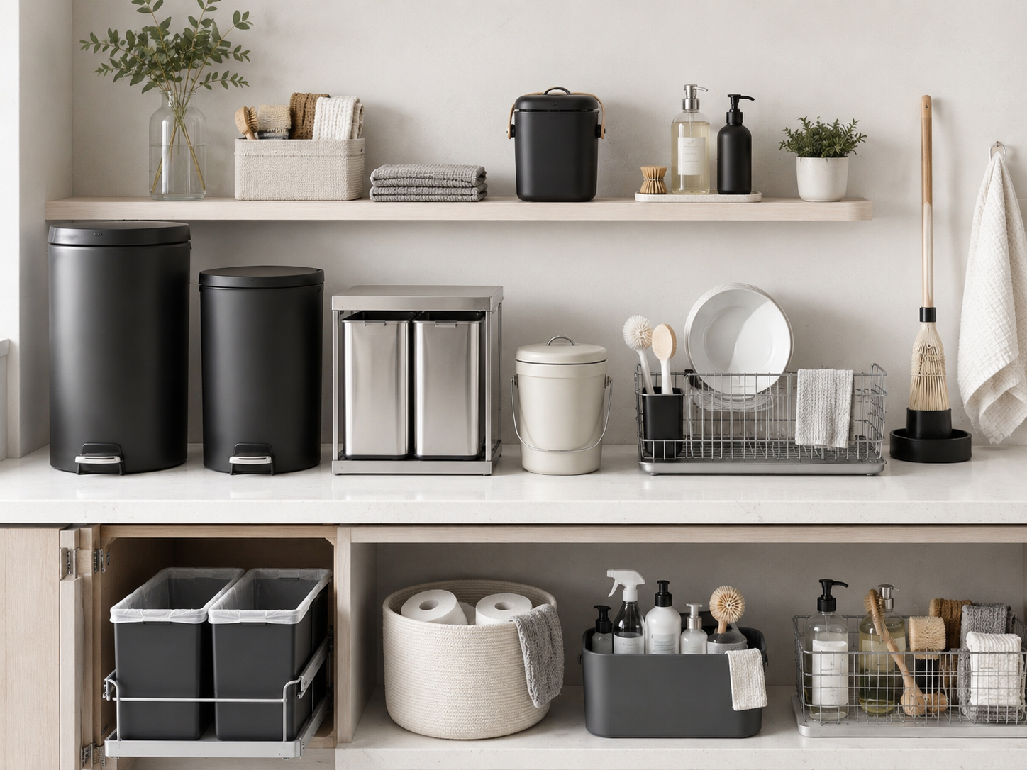 Kitchen reset moodboard with trash cans, pull-out waste bins, compost caddies, sink organizers, dish racks and cleaning tools