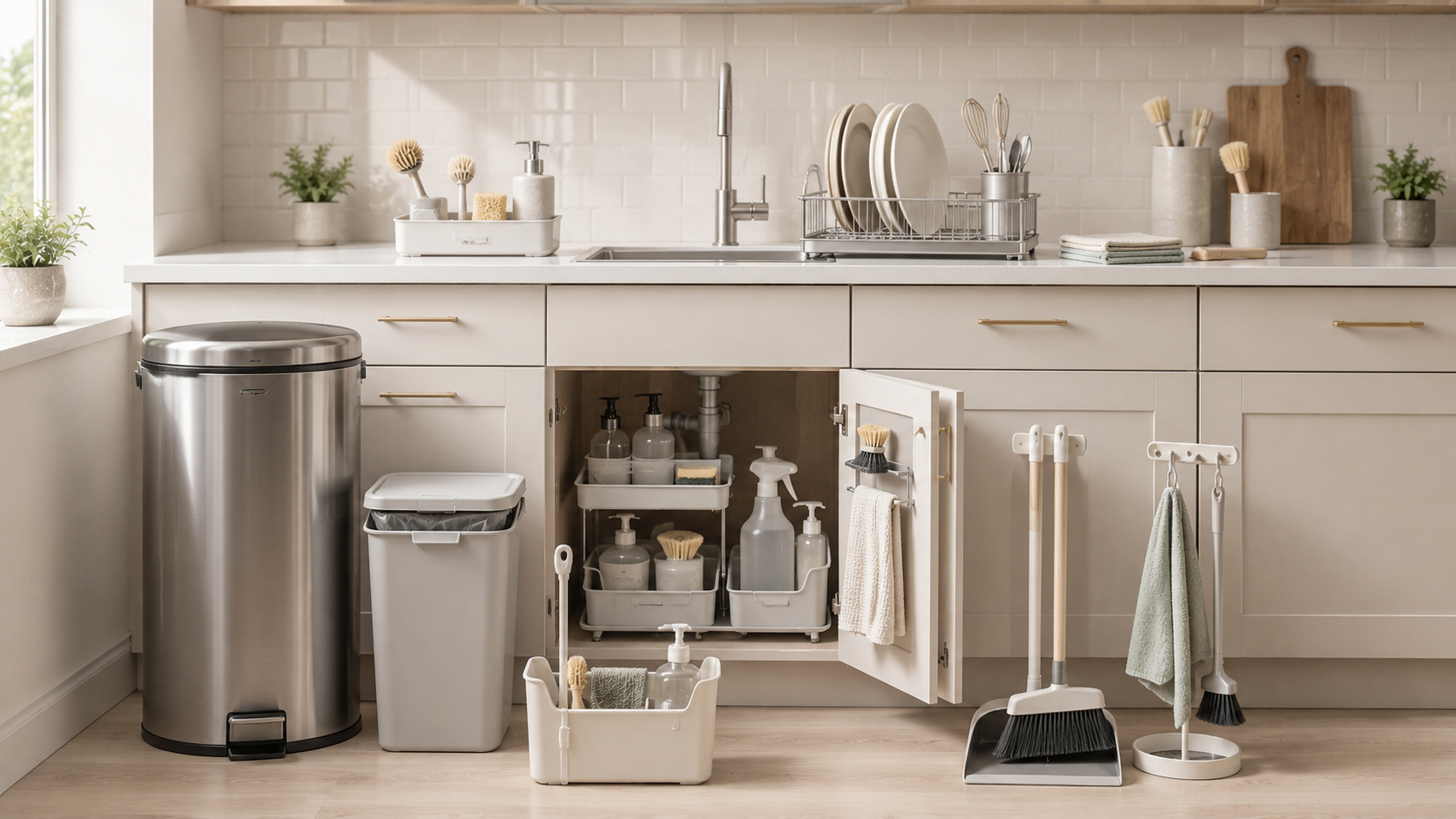 Kitchen cleaning and trash solutions product board with stainless trash can, pull-out bin, sink caddy, dish rack and under-sink organizer