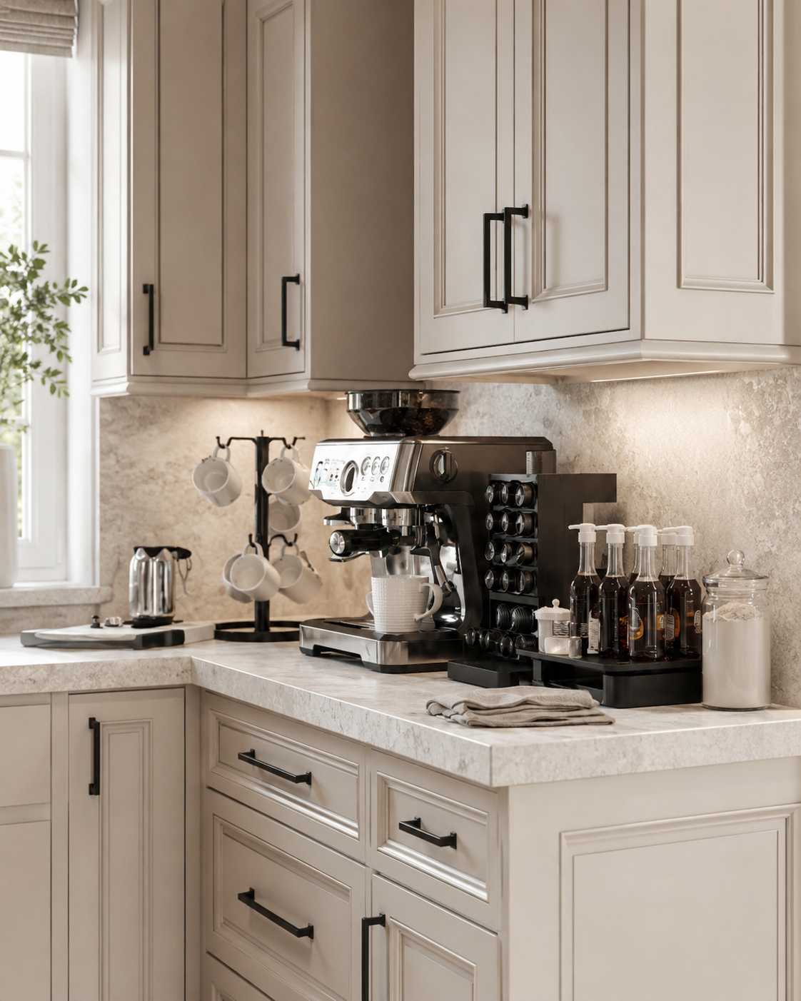 Premium kitchen coffee bar with espresso machine, mug tree, coffee pod organizer, ceramic mugs, tray, and neutral counter styling