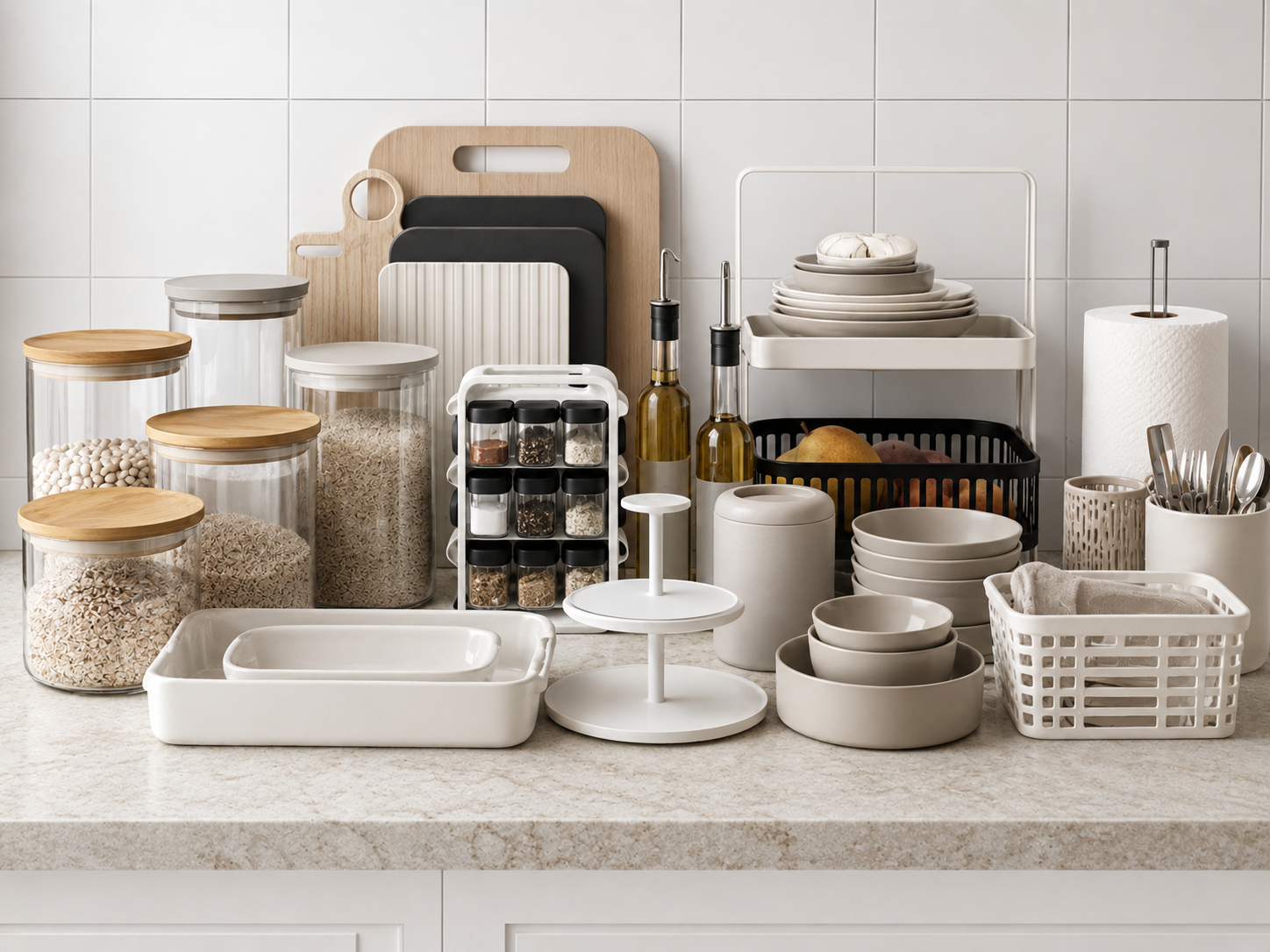Kitchen countertop organization moodboard with glass canisters, spice rack, tray, oil bottles, counter shelf, and neutral accessories.