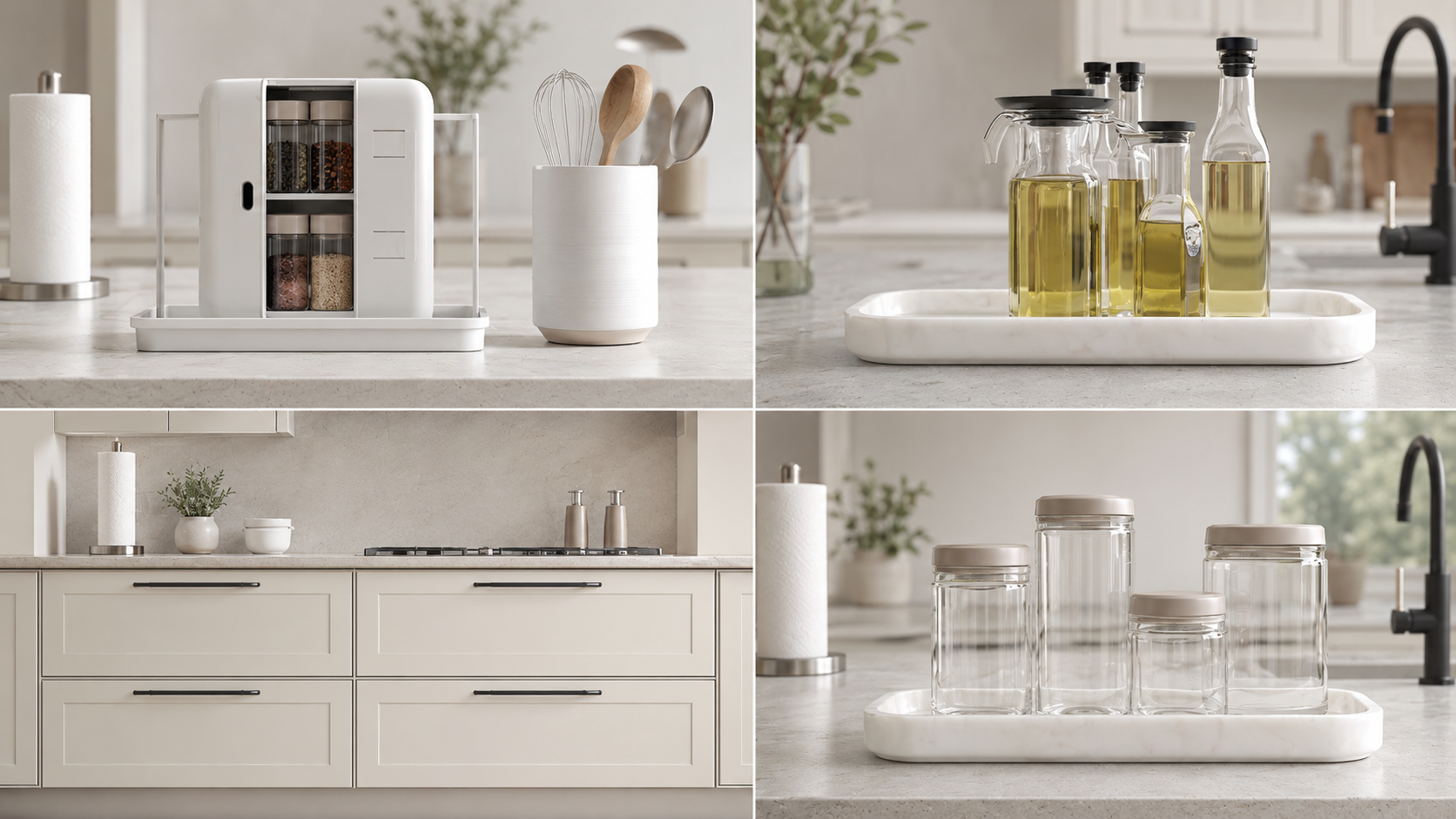 Premium kitchen countertop organization setup with tray, canisters, spice rack, utensil holder, and neutral counter storage.