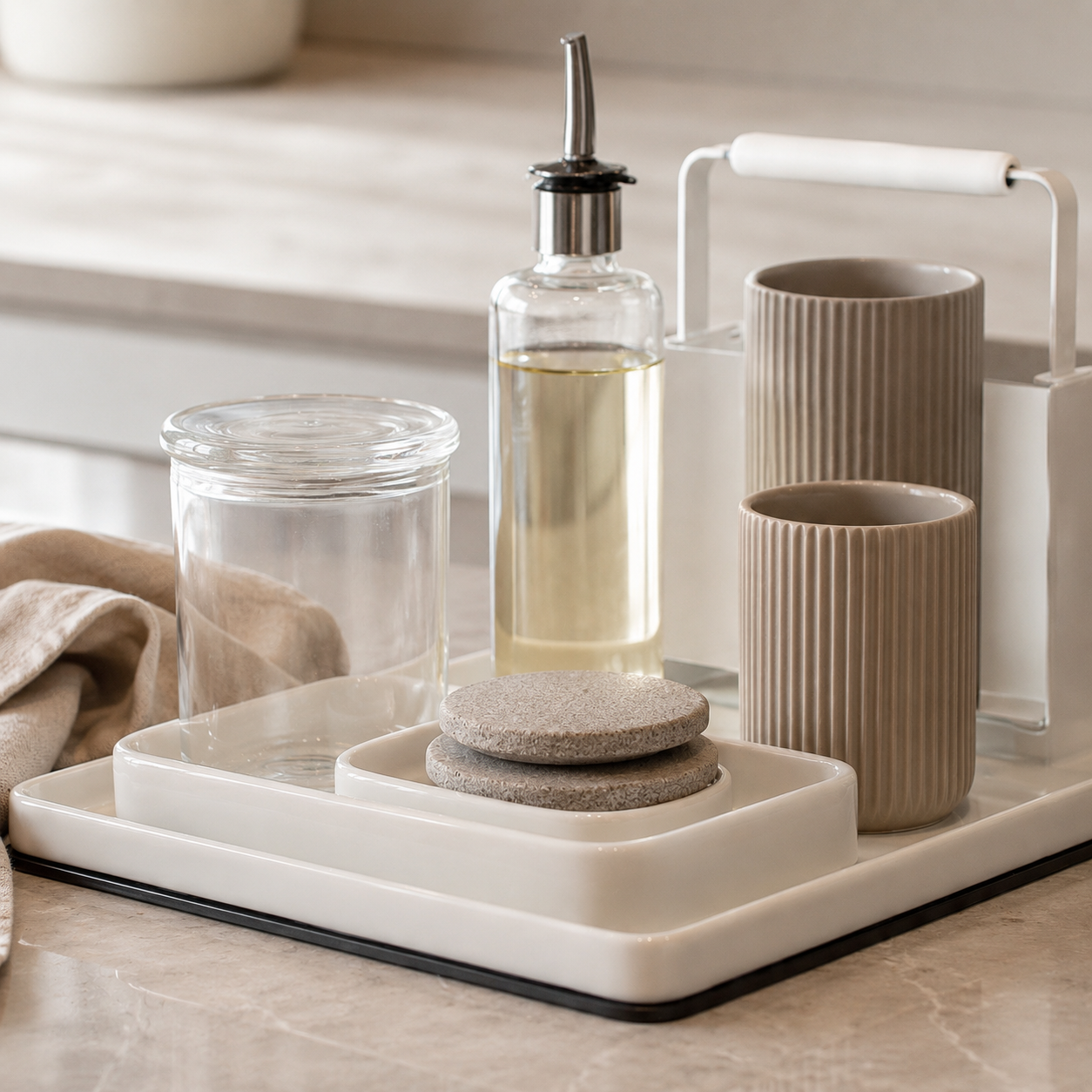 Close-up of kitchen countertop organizer details with ceramic tray, glass canister, oil bottle, metal rack, and stone counter texture.