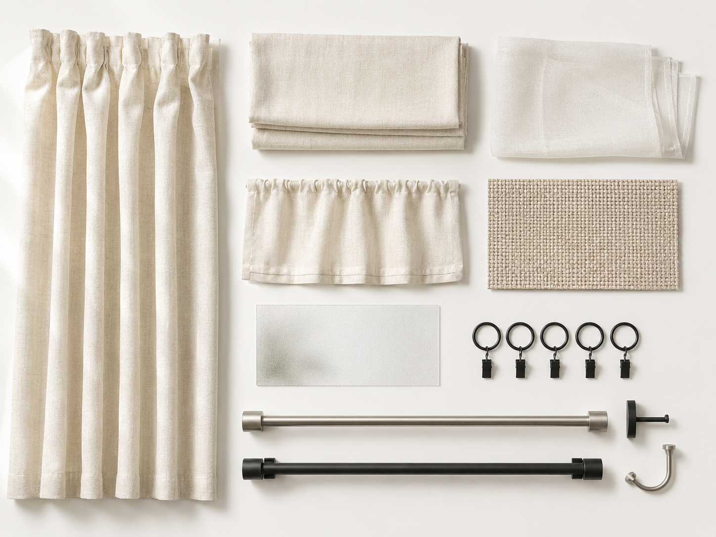 Kitchen curtains and window styling moodboard with linen curtains, cafe curtains, roman shade texture, privacy film, curtain rods, rings, and tiebacks