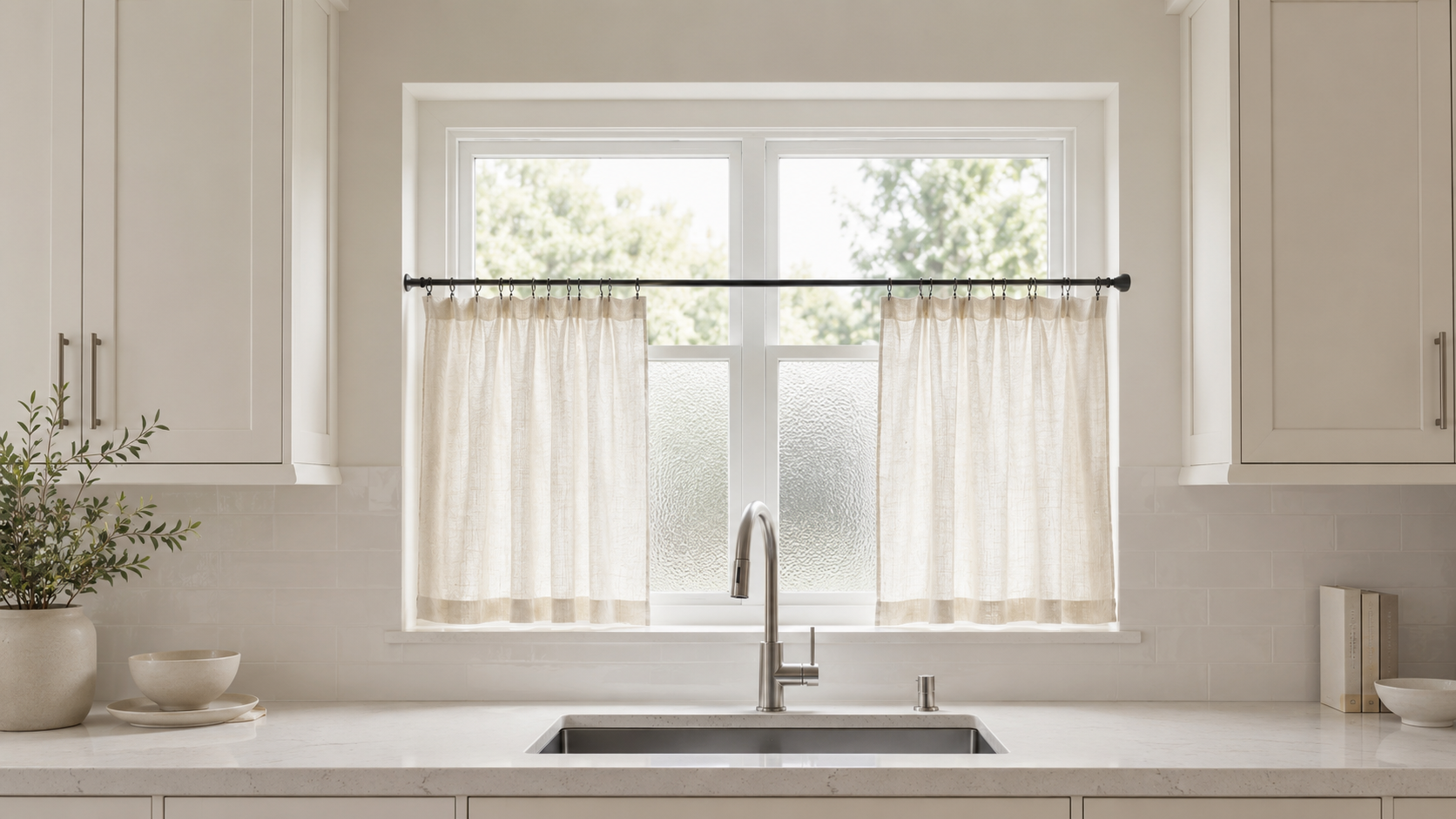 Premium kitchen curtains and window styling product board with cafe curtains, curtain rod, clip rings, and privacy window film for a soft neutral kitchen window