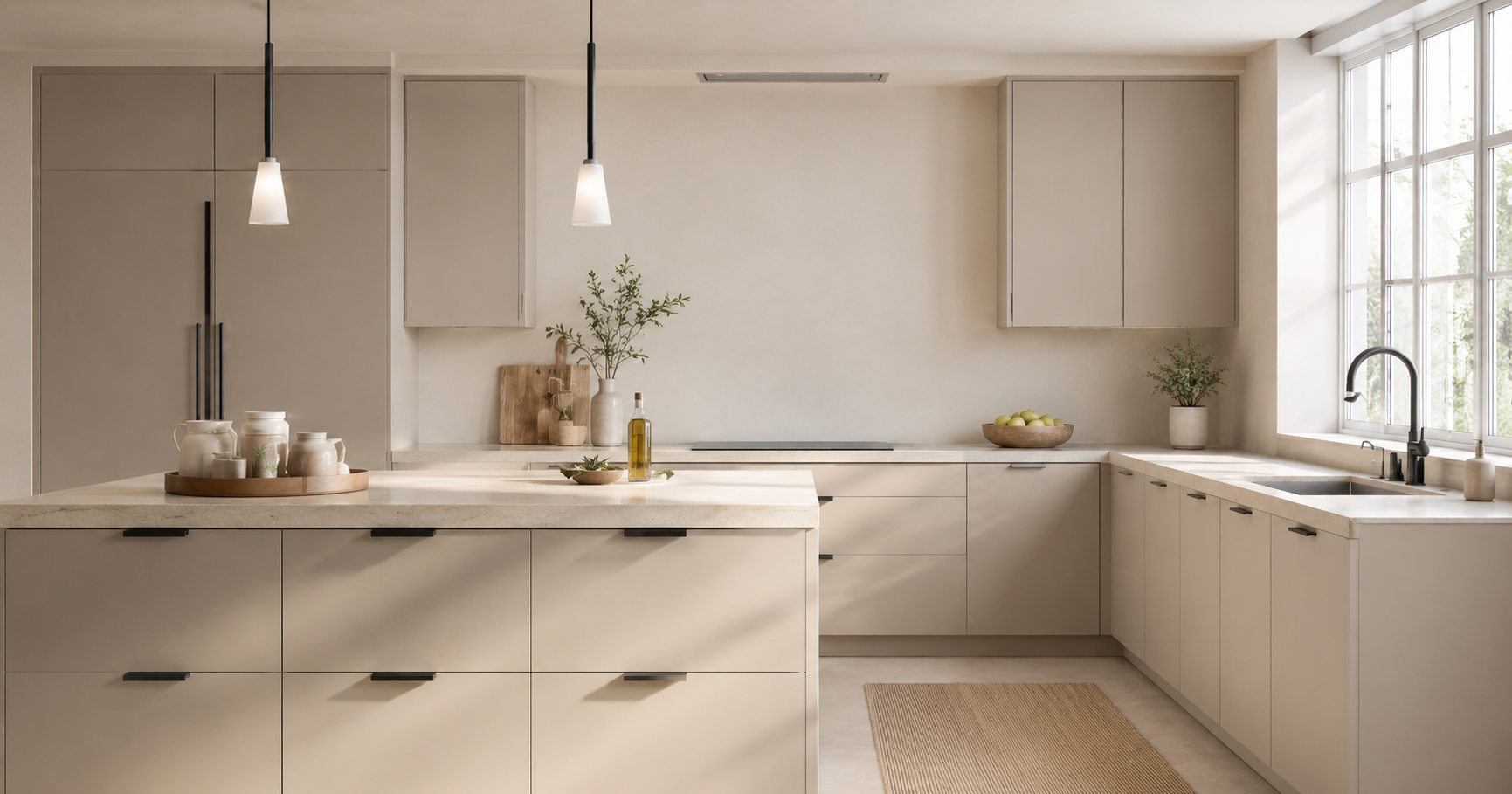 Organized neutral kitchen with practical countertop, lighting and storage zones