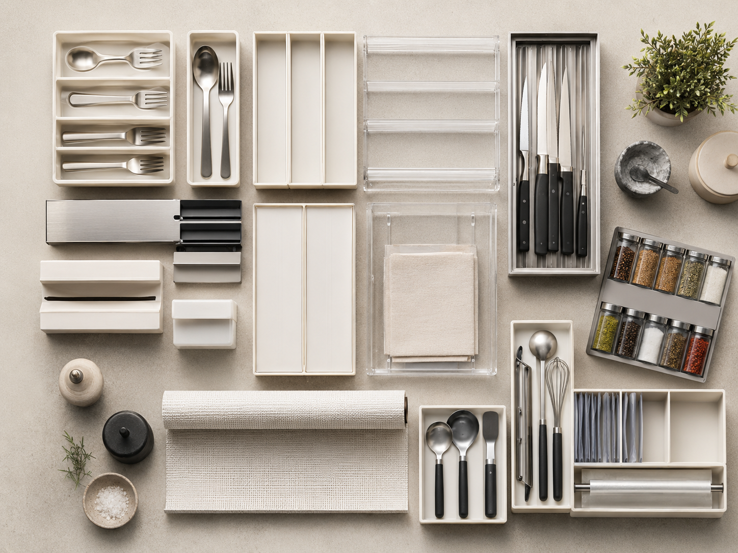 Kitchen drawer organization moodboard with cutlery organizer, spice insert, clear trays, wrap storage, and drawer dividers