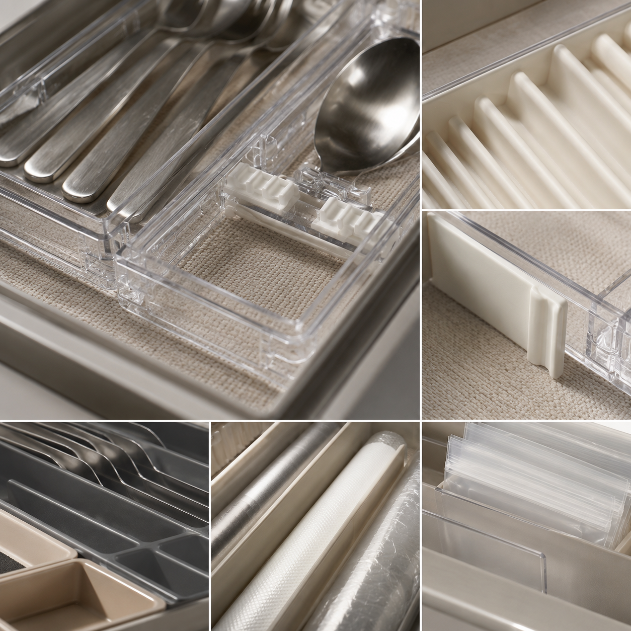 Close-up details of kitchen drawer organizers including clear trays, drawer dividers, liner, and utensil storage