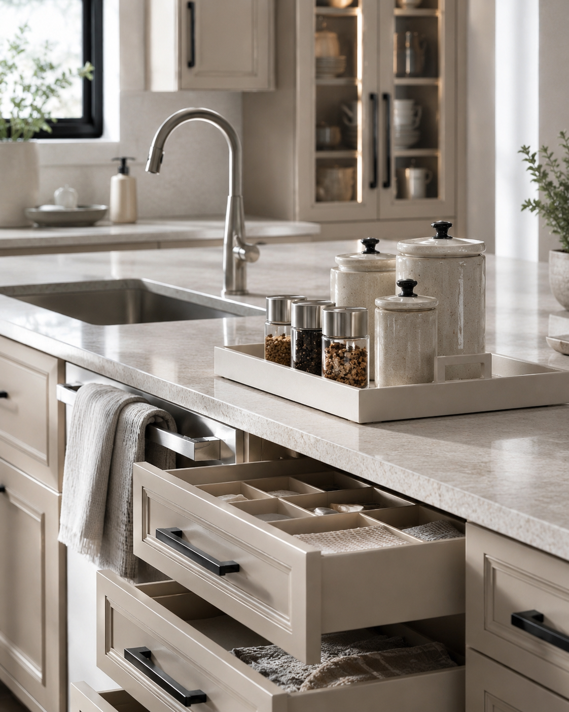 Organized kitchen reset scene with countertop tray, spice jars, sink caddy, pantry bins, and neutral kitchen storage details