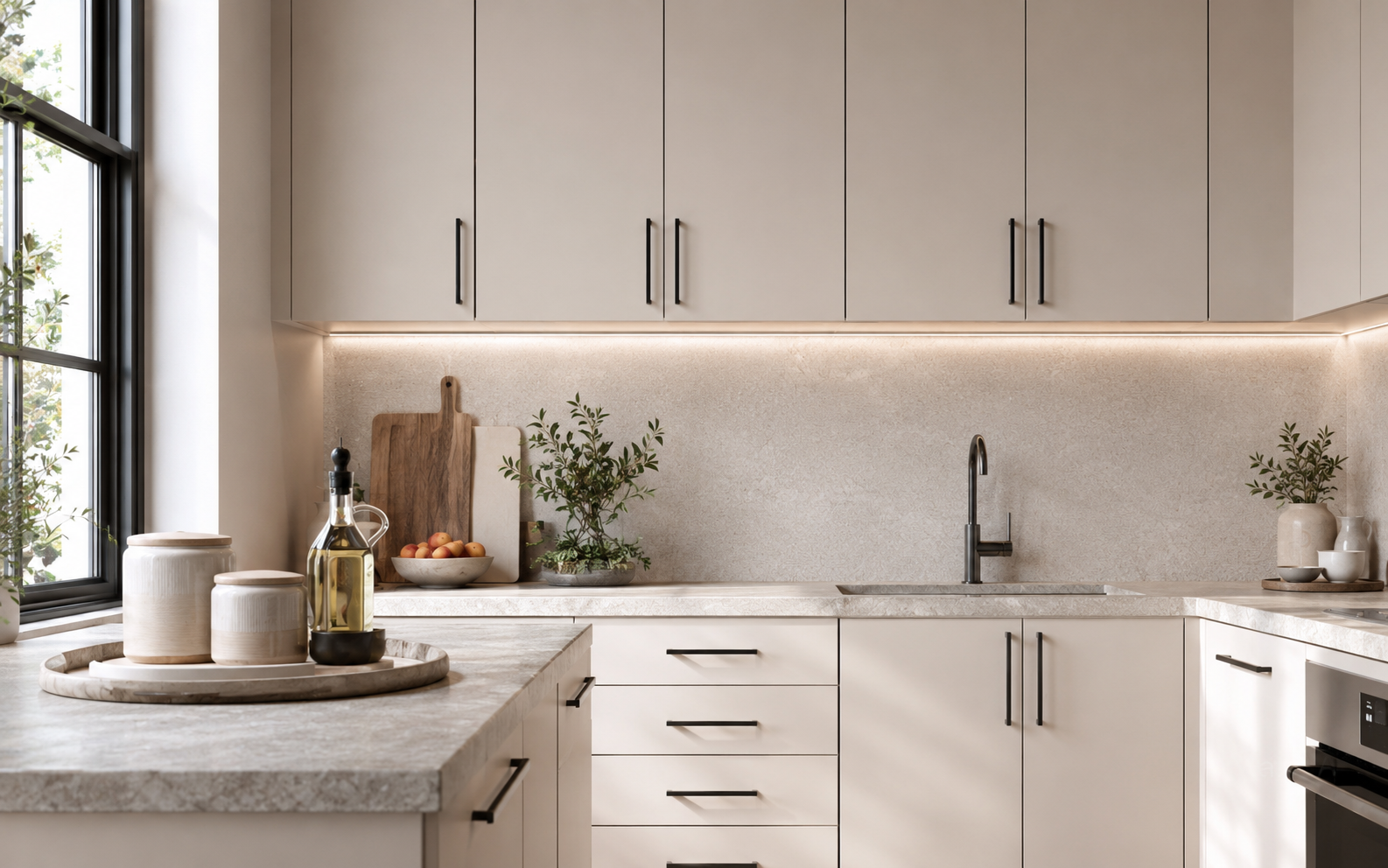 Premium organized neutral kitchen with styled countertop, soft lighting, storage jars, warm greige cabinetry, and modern kitchen styling