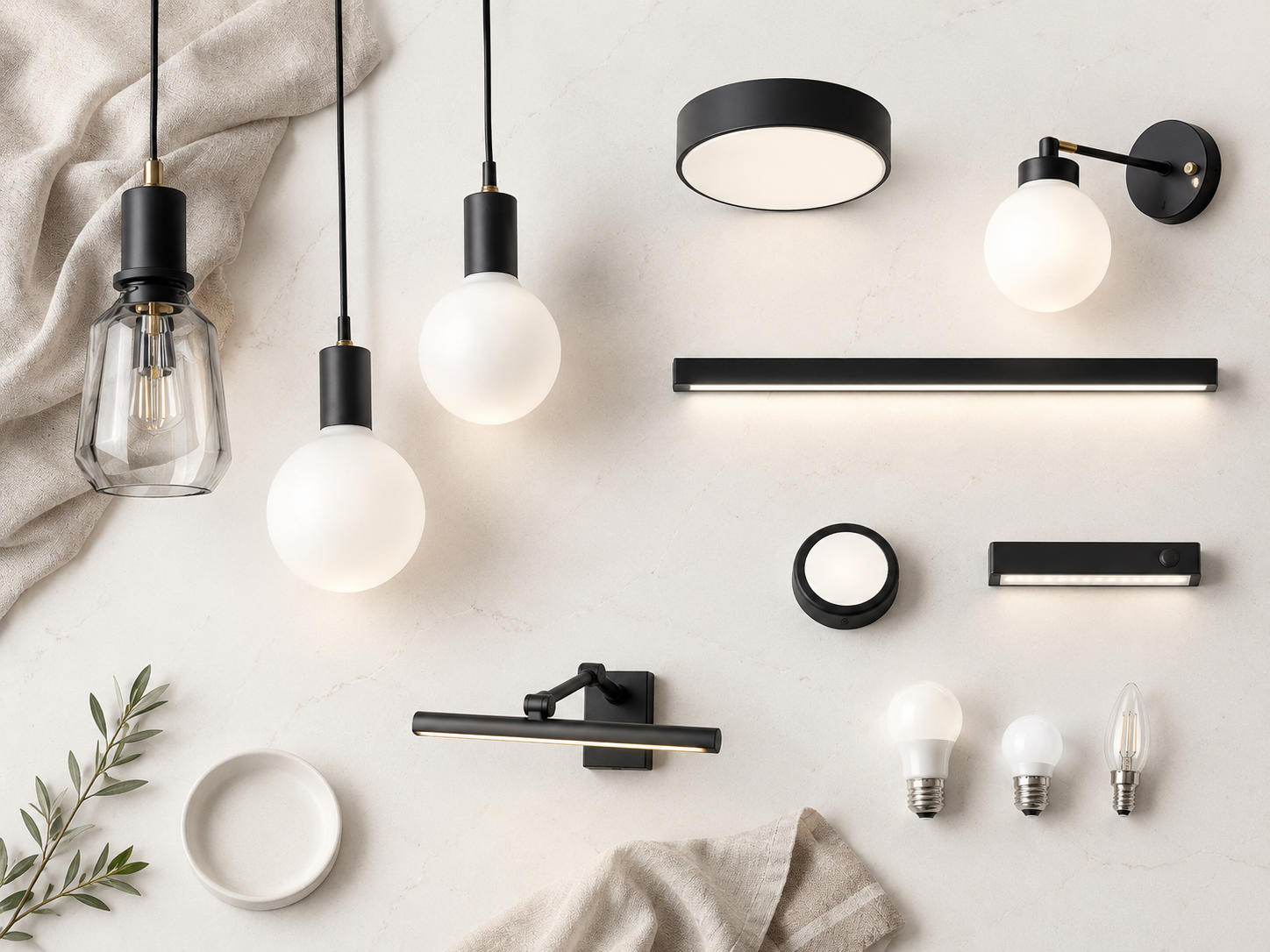 Kitchen lighting moodboard with pendant lights, ceiling fixtures, under cabinet lights, sconces, picture lights, puck lights, and dimmable bulbs