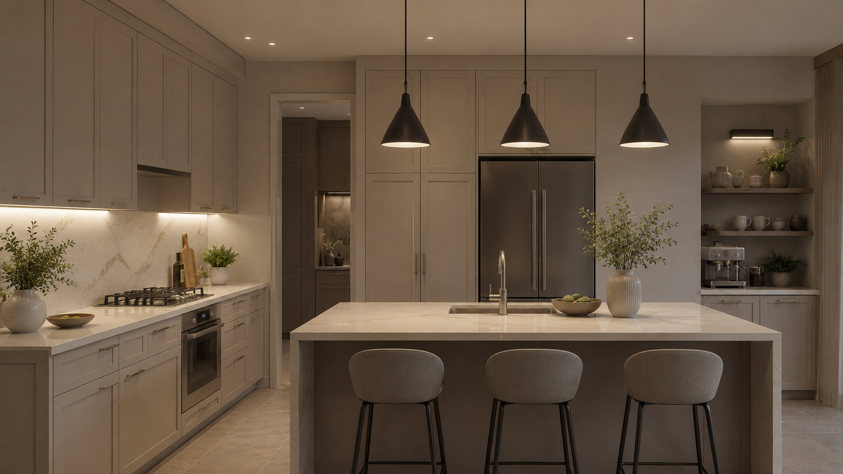 Kitchen lighting problem solver showing pendant lights, under cabinet lights, ceiling lighting, and accent lighting for dark kitchen areas