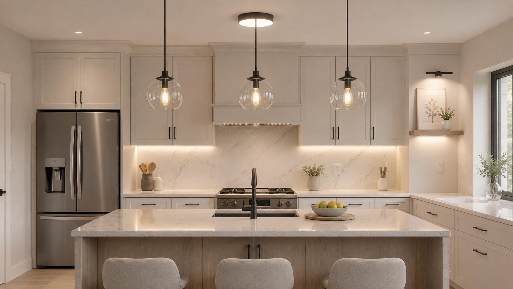 Kitchen lighting product board with pendant lights, under cabinet kitchen lighting, ceiling fixture, and shelf accent light in a neutral modern kitchen