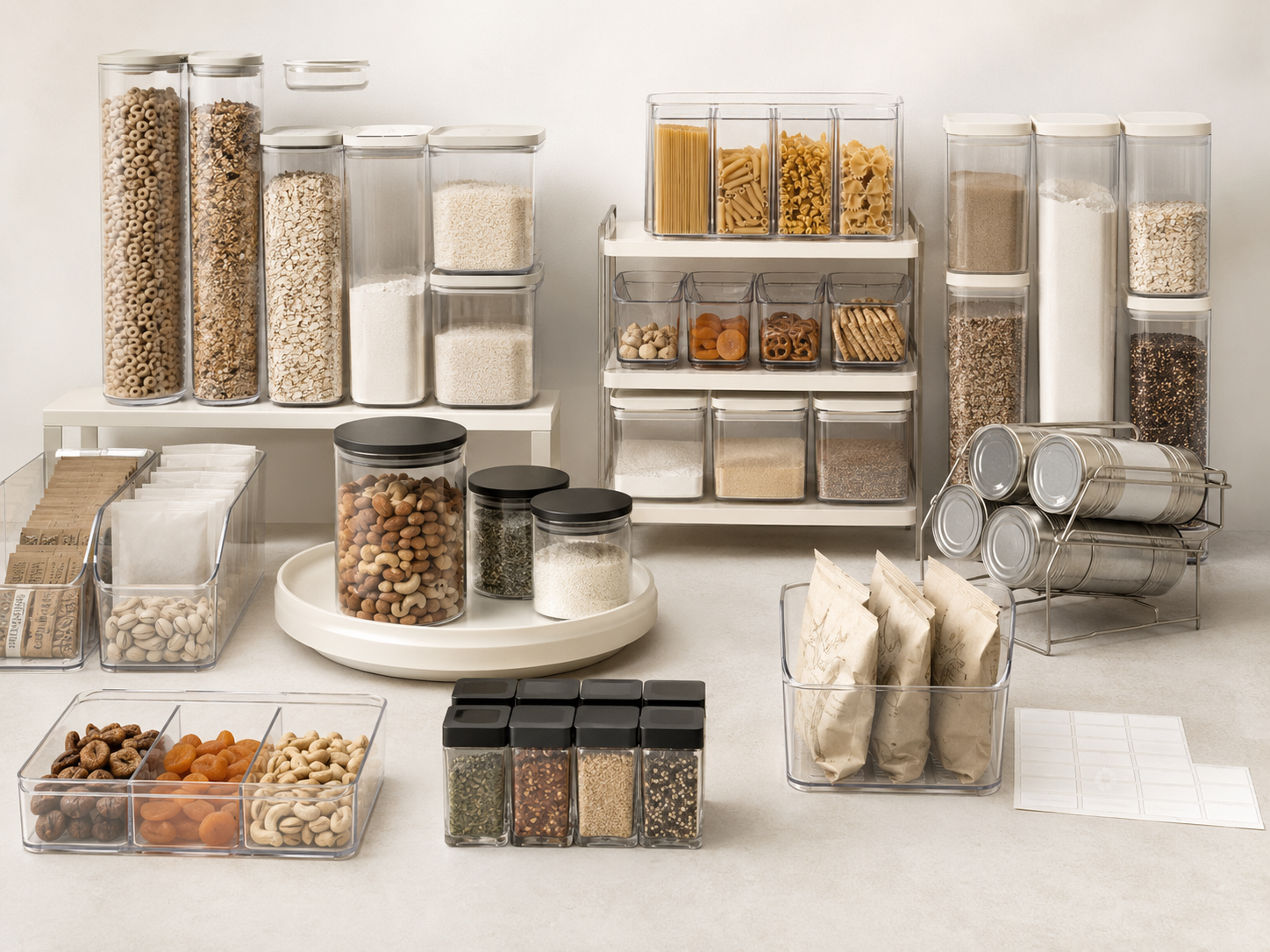 Kitchen pantry organization moodboard with airtight containers, bins, can organizers, spice jars, and labels