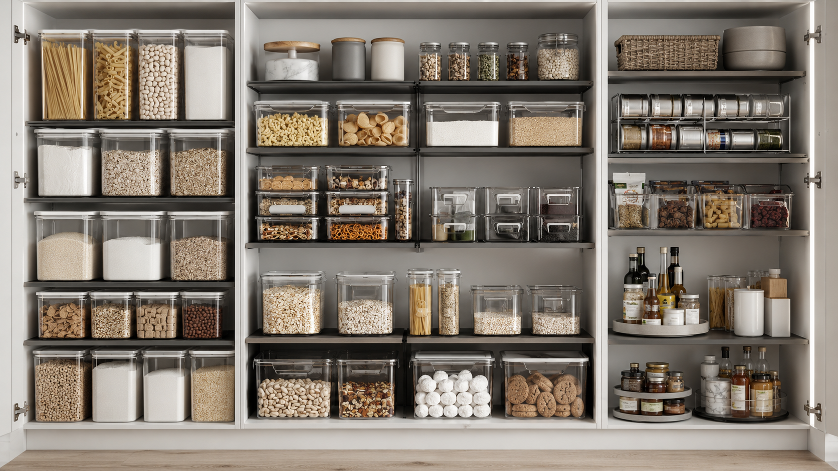 Organized kitchen pantry with clear containers, pantry bins, can rack, lazy Susan, and shelf risers