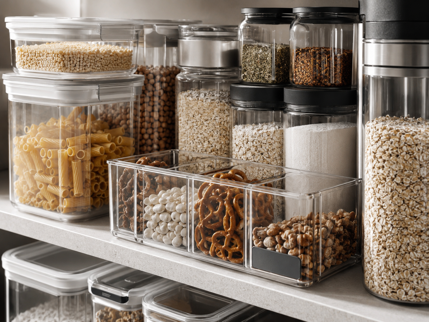Close-up pantry organizer details with clear containers, spice jars, labels, bins, and storage lids
