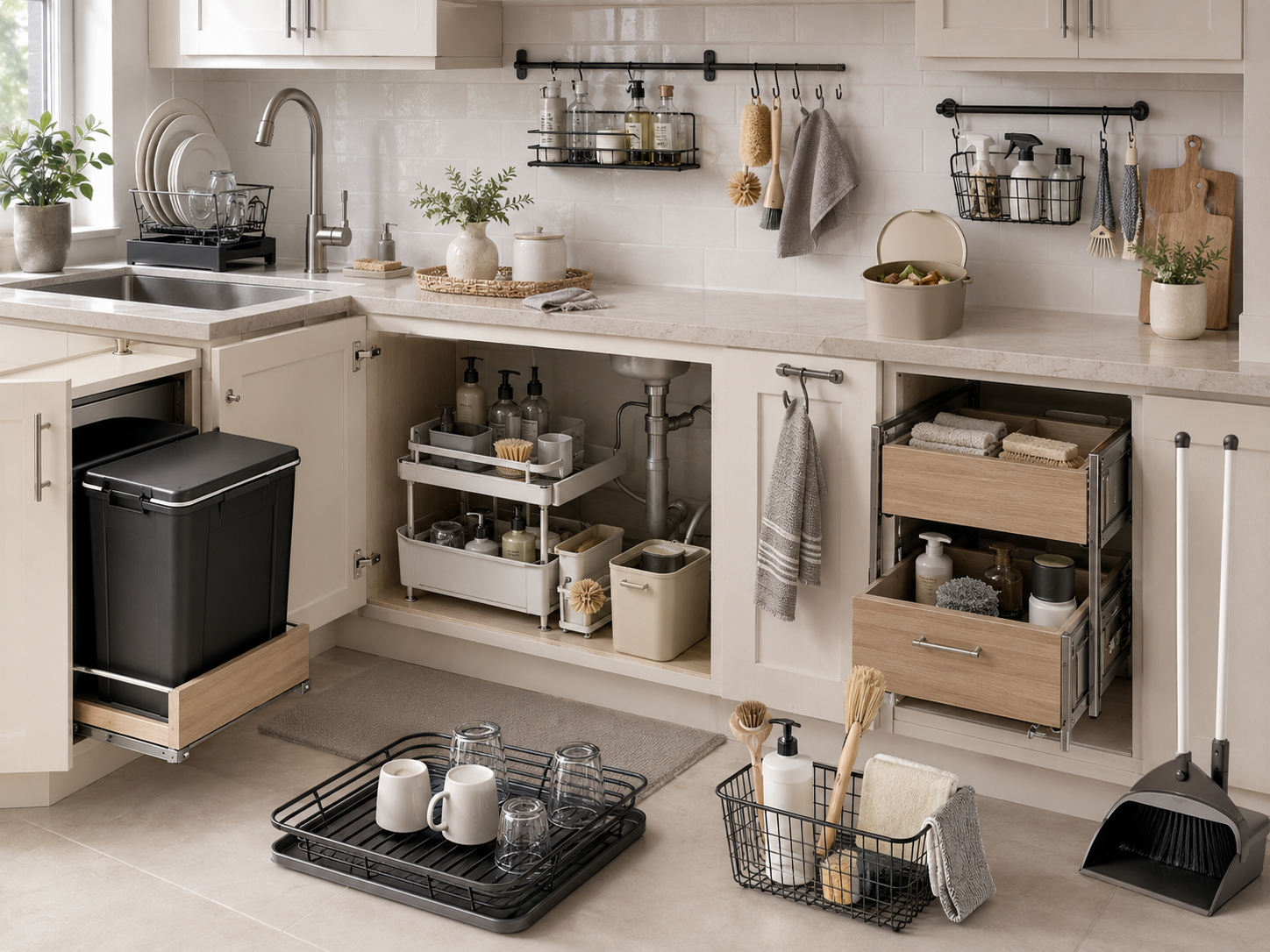 Kitchen cleaning problem-solver layout with hidden trash control, dry sink zone, under-sink storage and utility wall organization