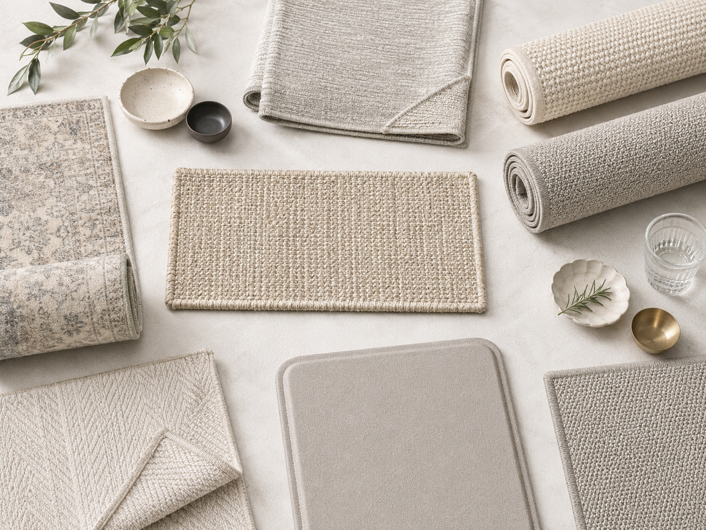 Neutral kitchen rug moodboard with washable runners woven textures cushioned mats and vintage rug patterns