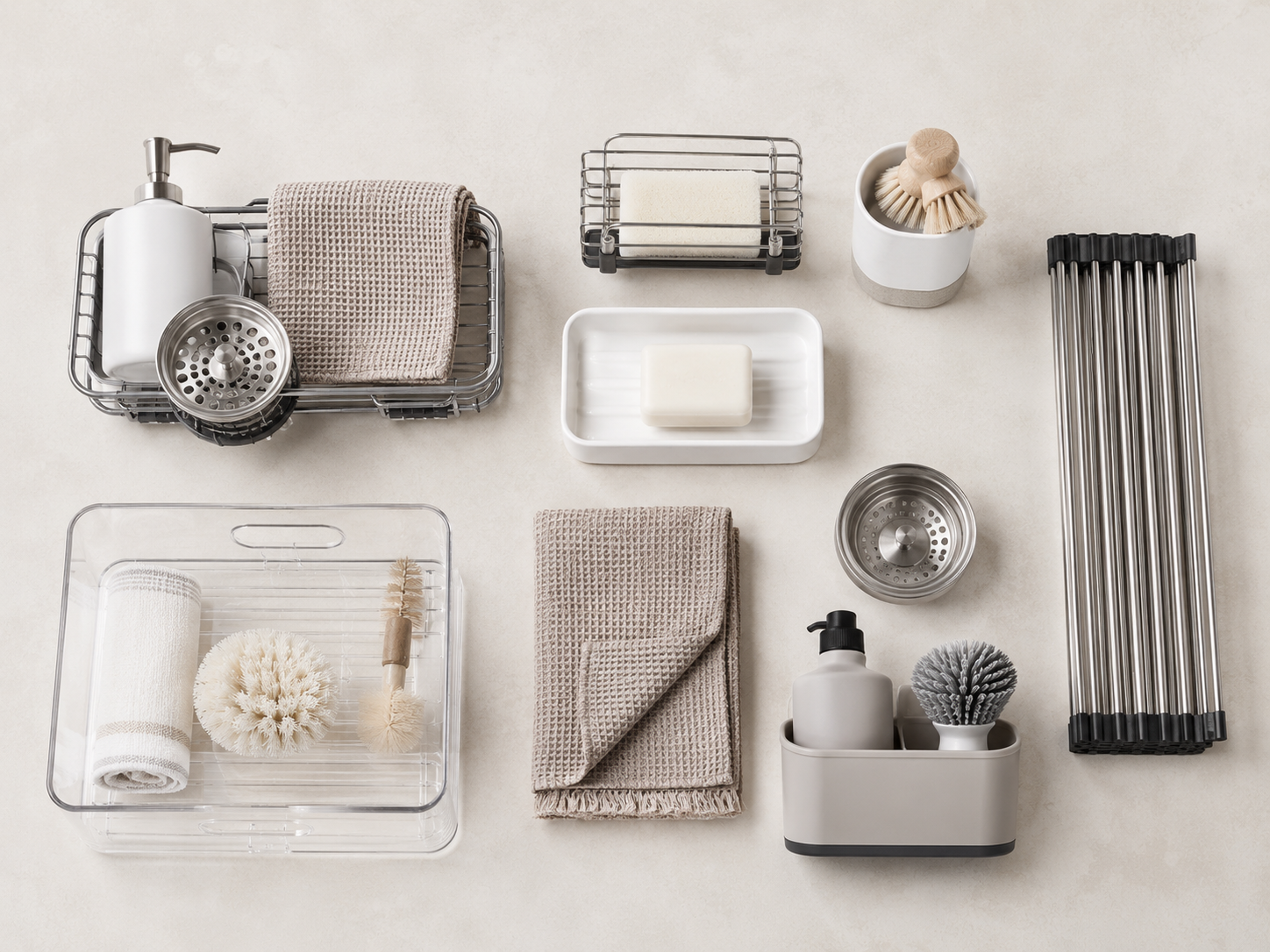 Kitchen sink organization moodboard with sink caddy, soap dispenser, drying rack, towel, drain strainer, and under-sink storage pieces