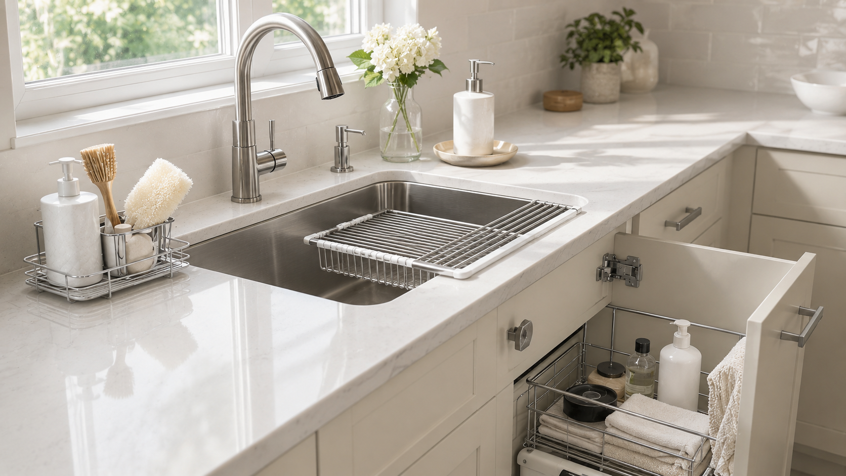Kitchen sink organization product board with sink caddy, soap dispenser tray, drying rack, and under-sink organizer in a clean neutral kitchen
