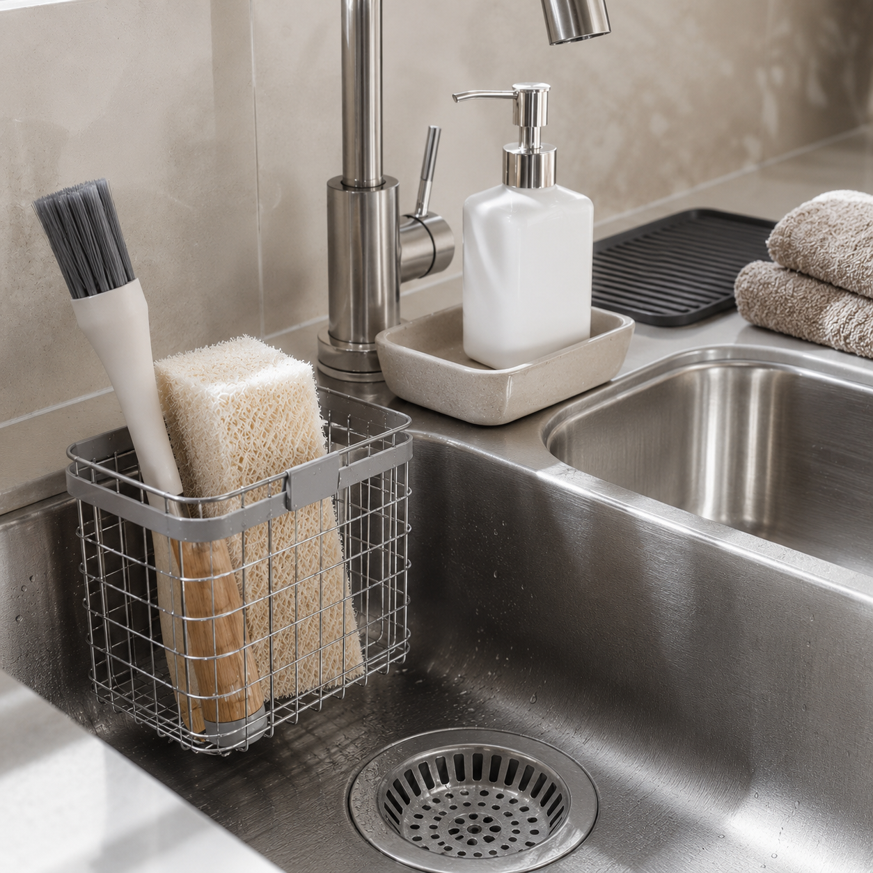 Close-up kitchen sink organizer details with sponge holder, soap tray, dish brush, towel, faucet mat, and drain strainer