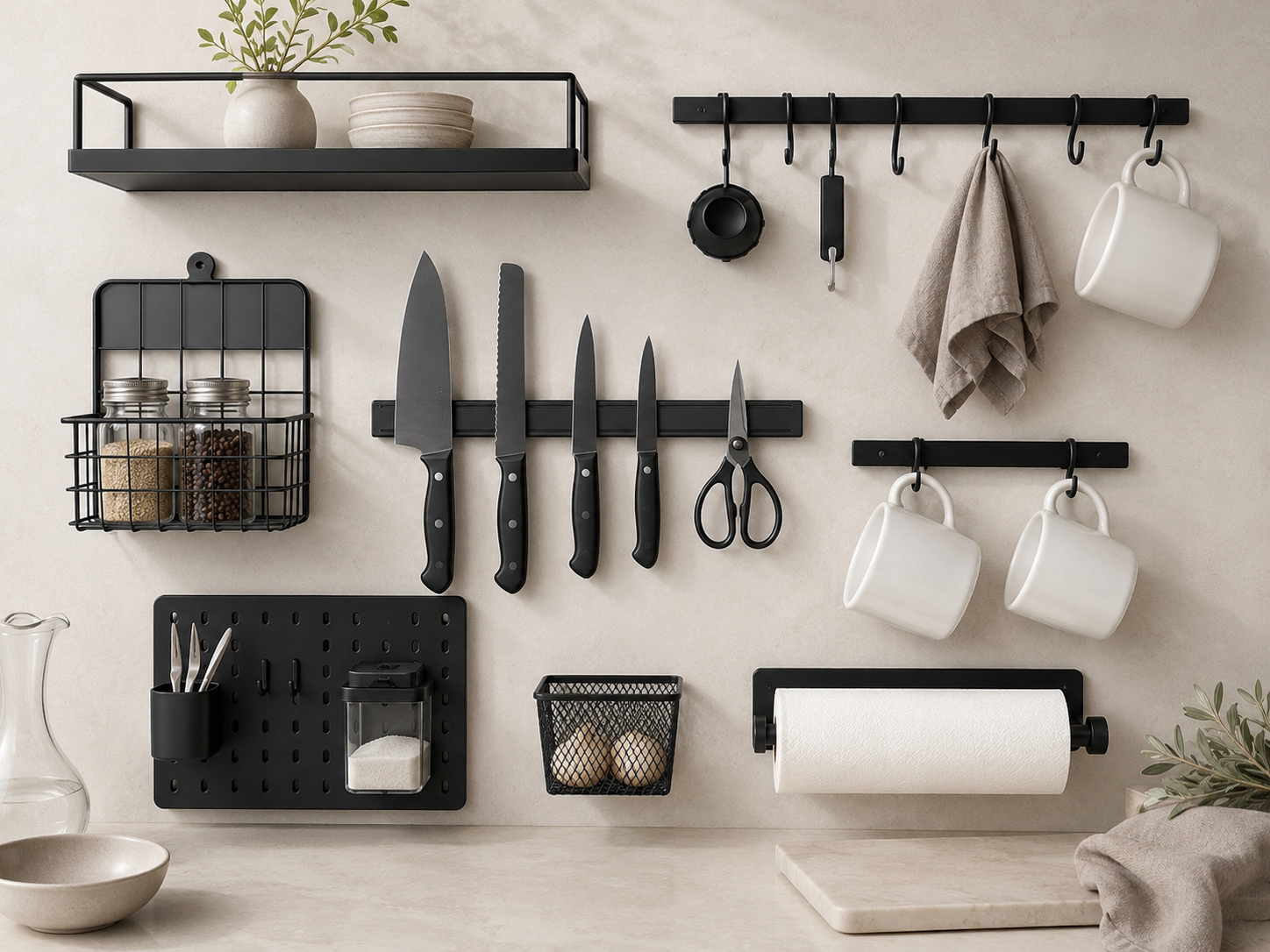 Kitchen wall storage moodboard with shelves, spice rack, hooks, rail system, basket, mug storage, and pegboard