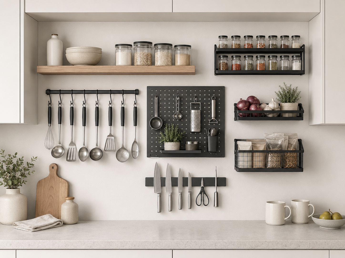 Kitchen wall storage problem solver with shelves, spice rack, utensil rail, pegboard, basket, and magnetic strip