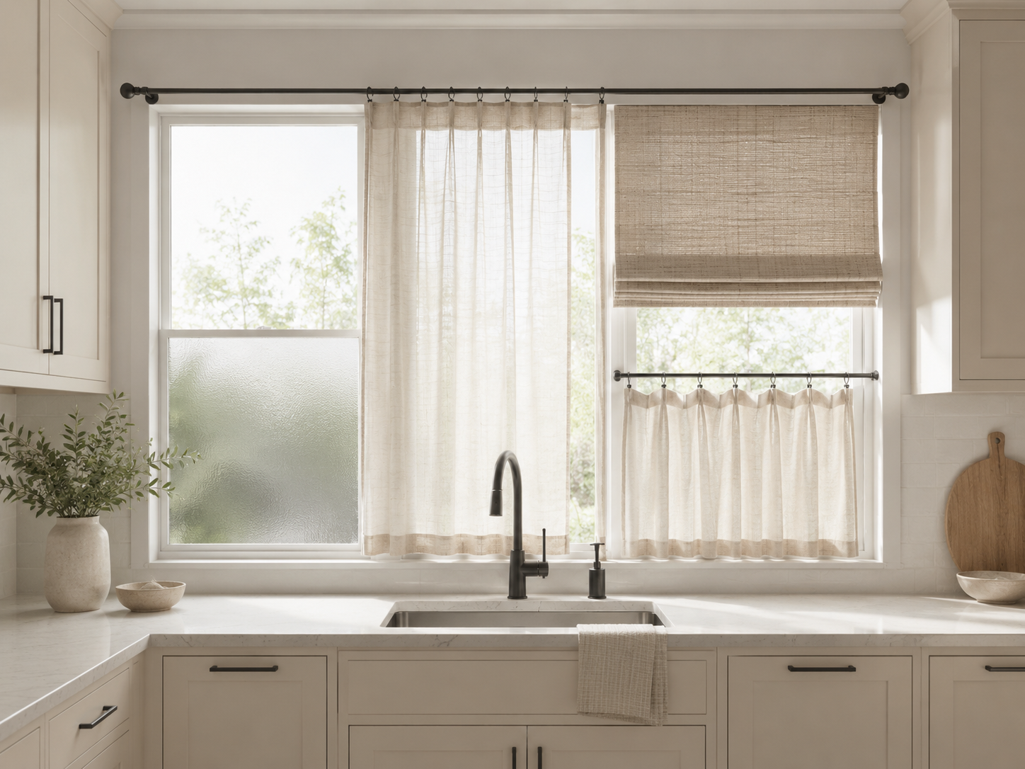 Kitchen window styling problem solver with privacy film, sheer curtains, woven shade, cafe curtain, and polished curtain hardware for light and privacy control