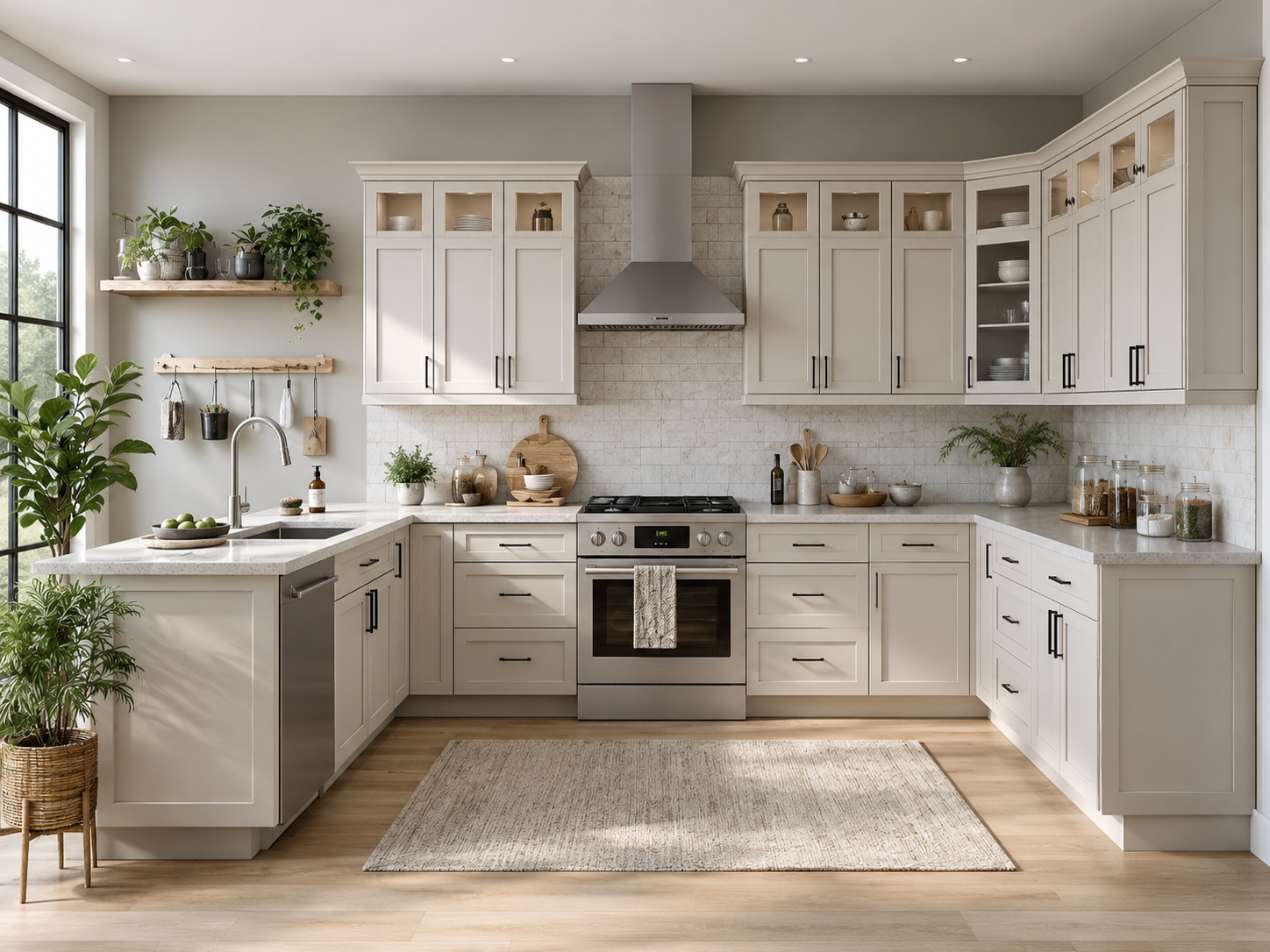 Wide organized kitchen scene showing counter, cabinet, sink, lighting, pantry, wall storage, and floor zones for kitchen planning