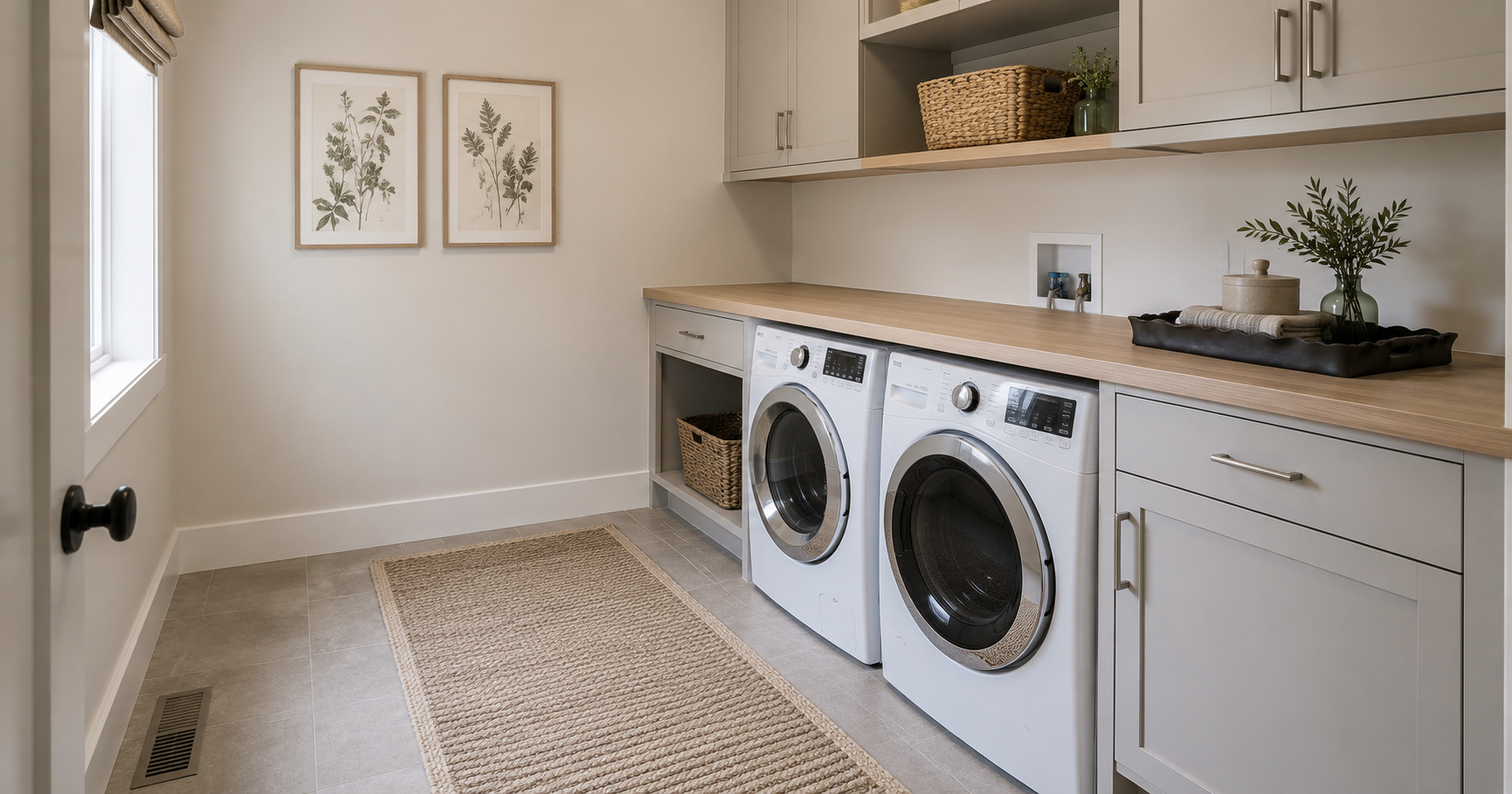 Bright laundry room with neutral runner, woven baskets, dark countertop tray and botanical wall art