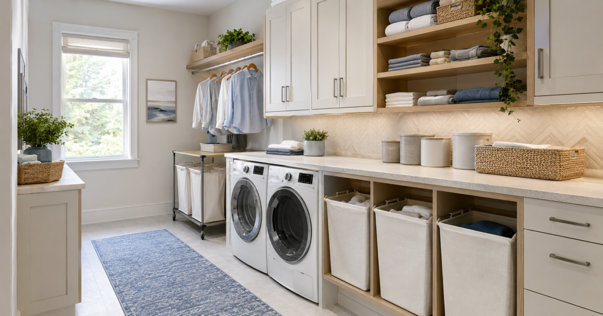Organized laundry room with machines, countertop, storage, lighting and hamper zones