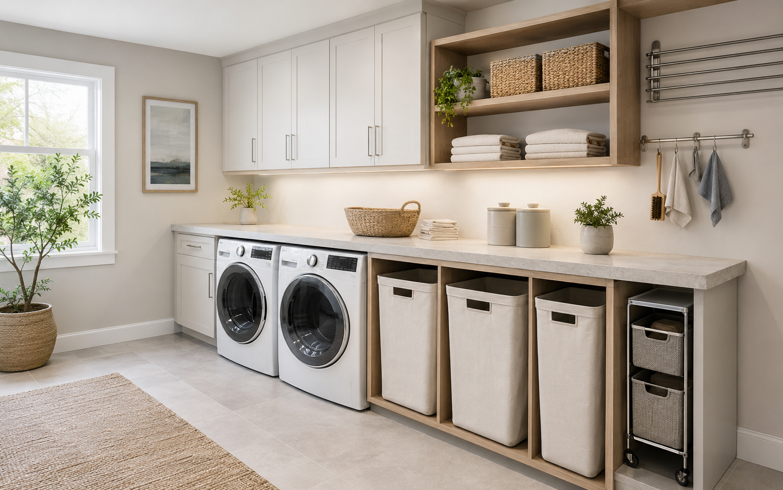 Organized laundry room with white cabinetry, folding counters, built-in hampers and a clear central walkway