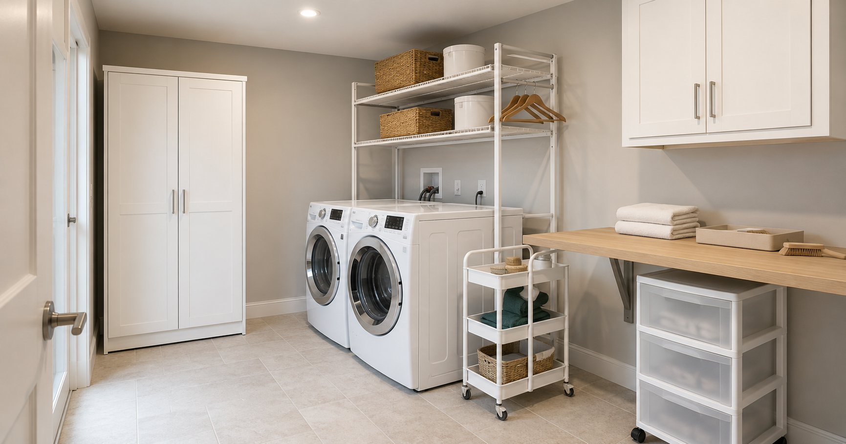 Organised laundry room storage with a tall cabinet, rolling cart, over-machine shelving, drawer unit and clear folding counter.