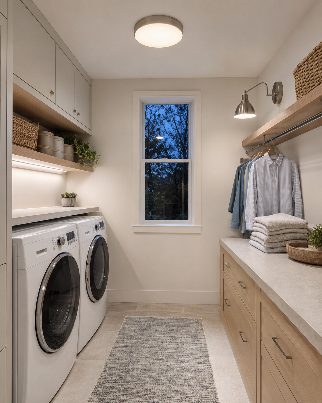 Bright laundry room with natural daylight, ceiling lighting and focused illumination over the work surface